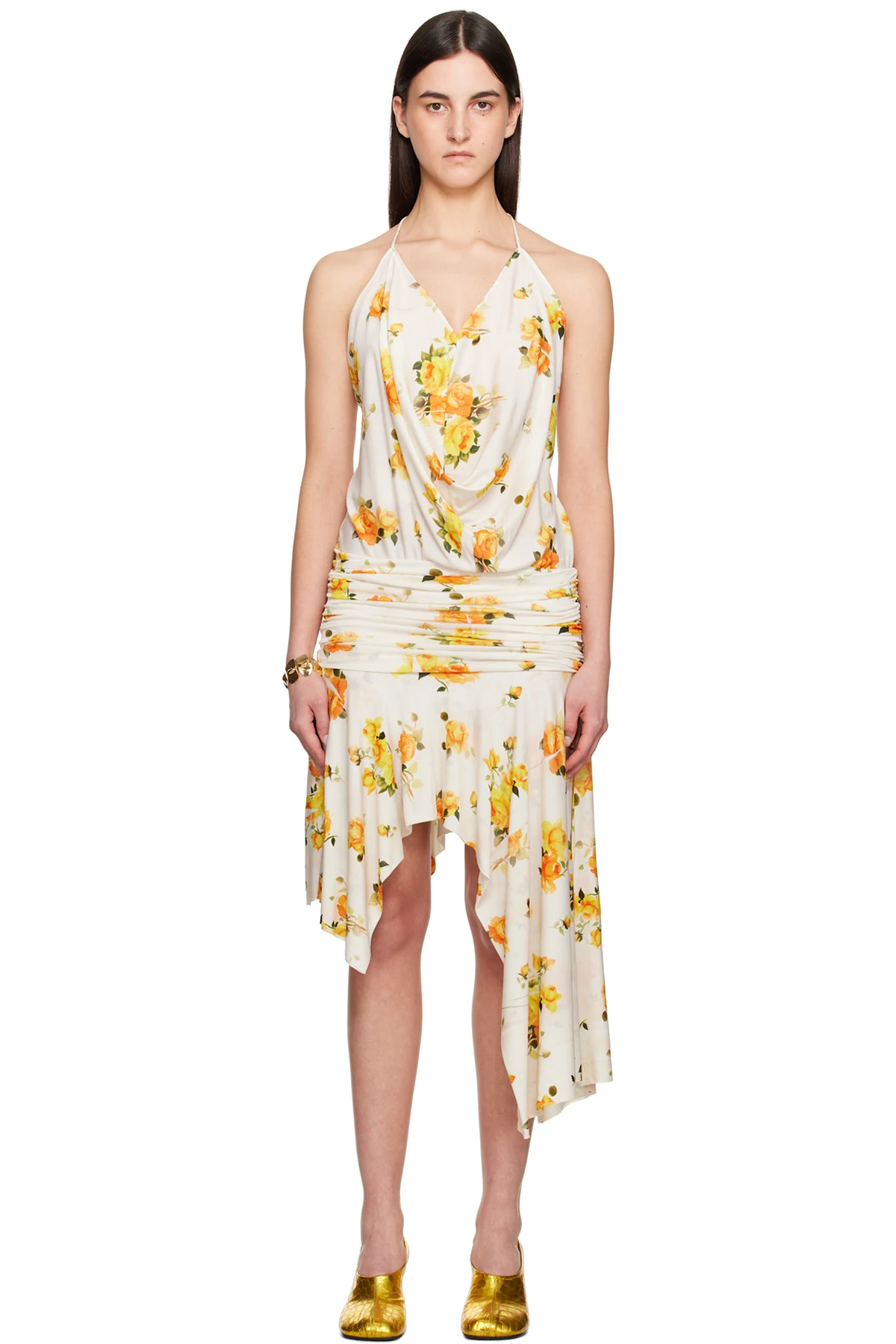 White & Orange Strap Midi Dress