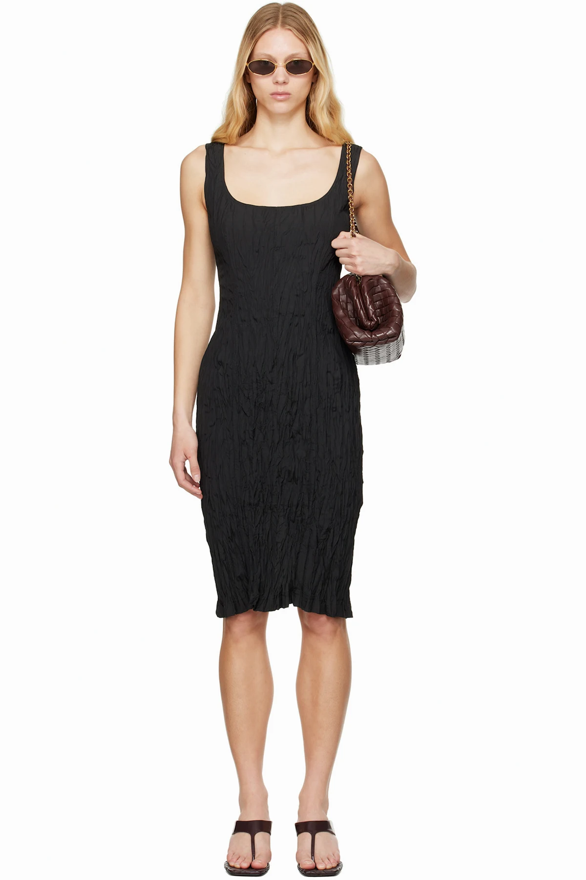 Black Crinkled Midi Dress