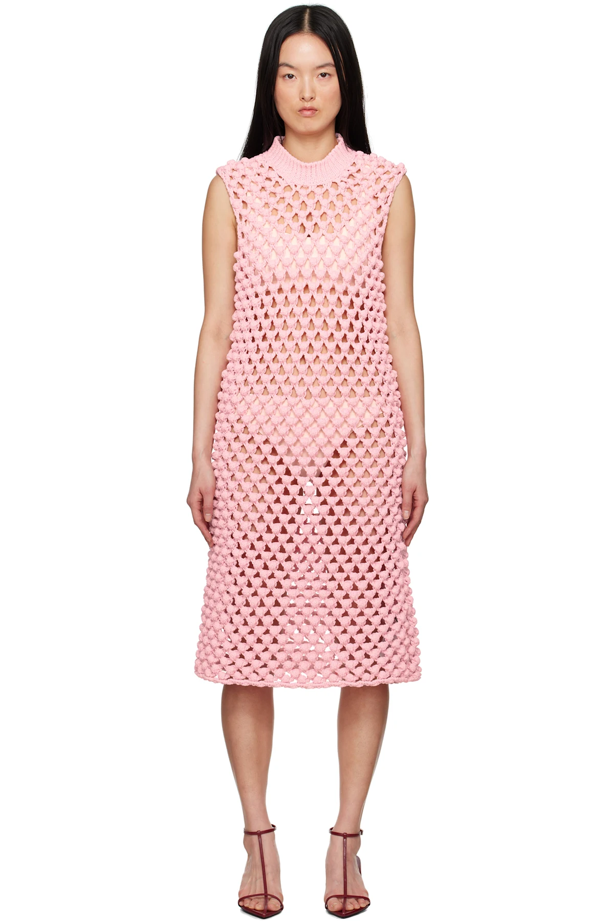 Pink Sleeveless Crewneck Midi Dress