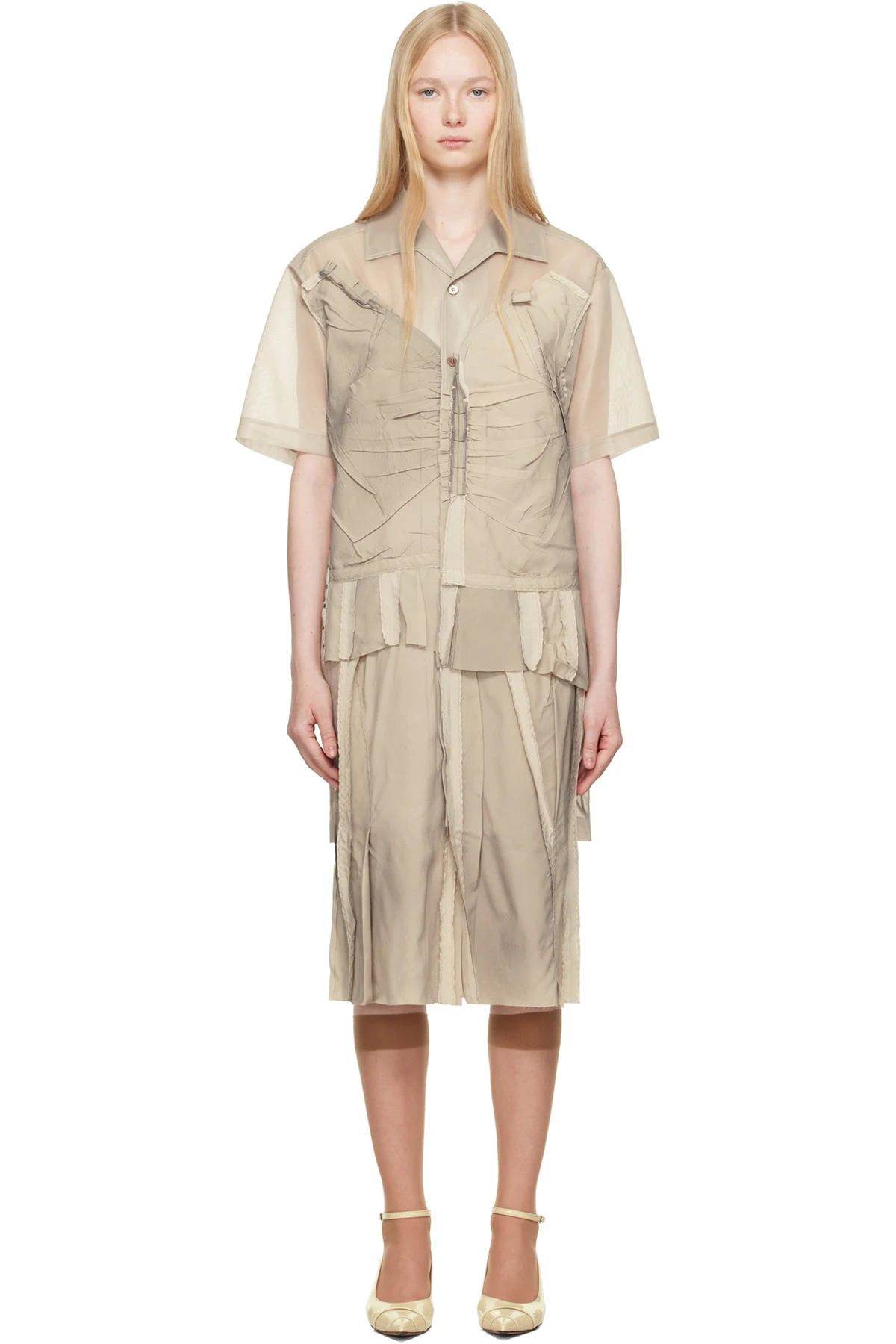 Beige Paneled Midi Dress