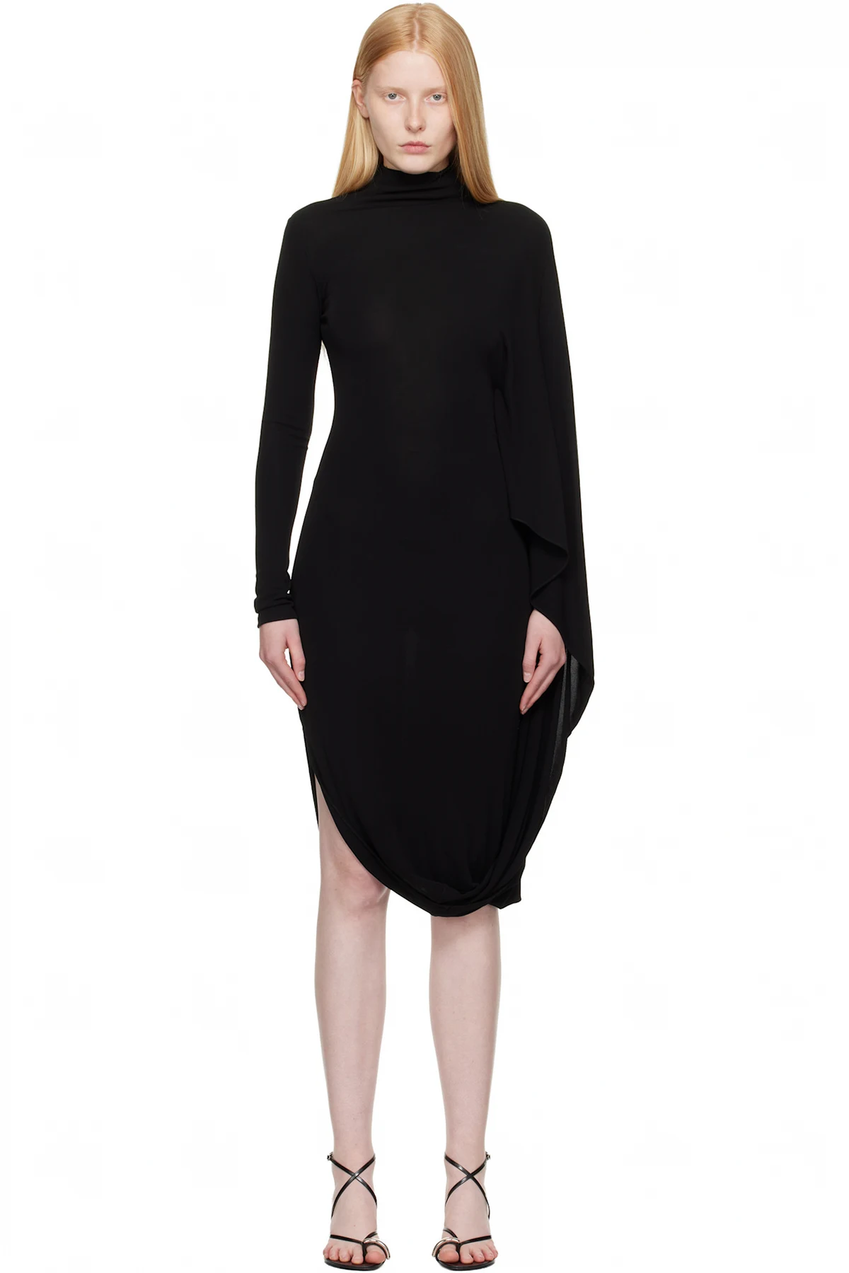 Black Asymmetric Cape Midi Dress