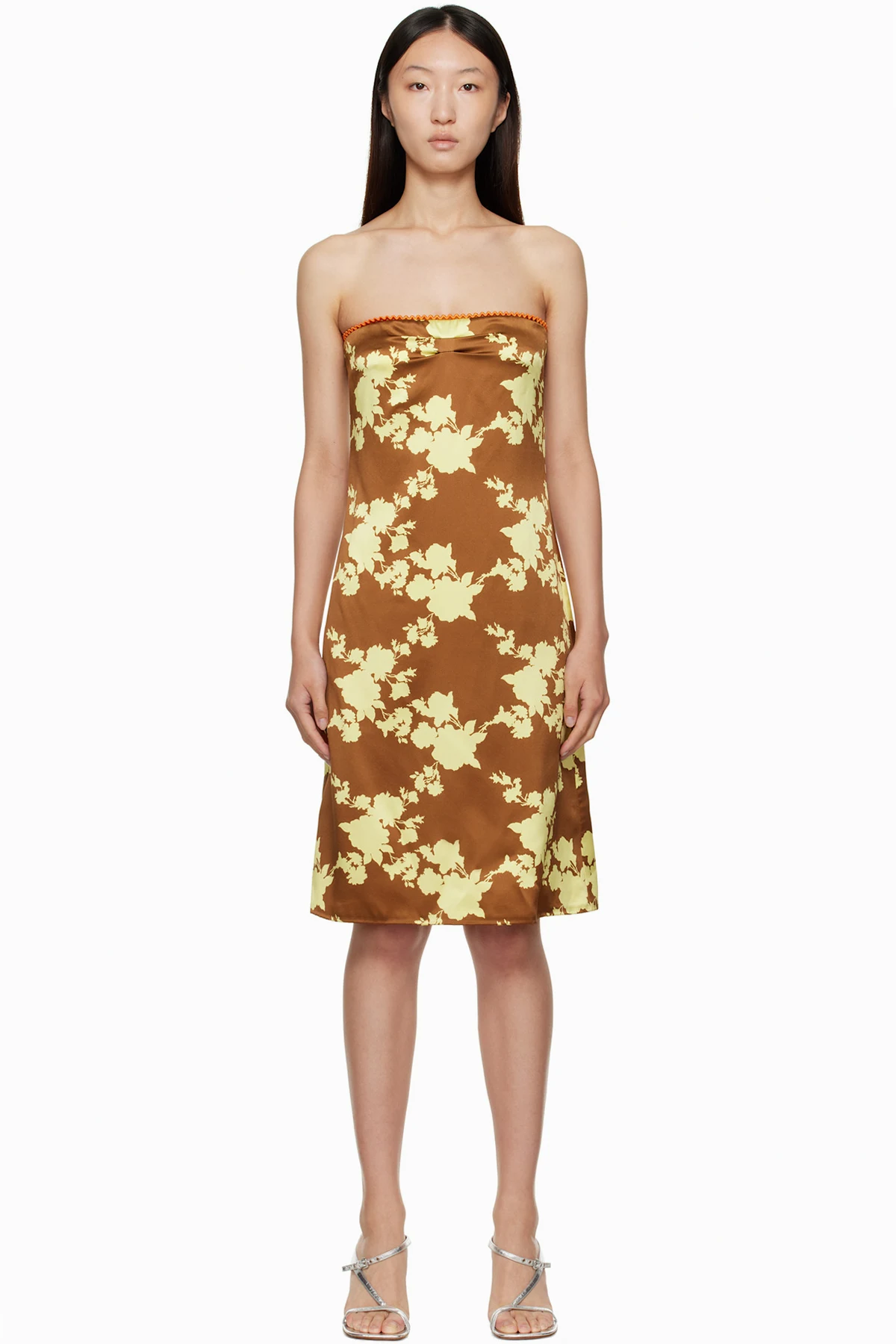 Brown & Yellow Wild Roses Strapless Midi Dress