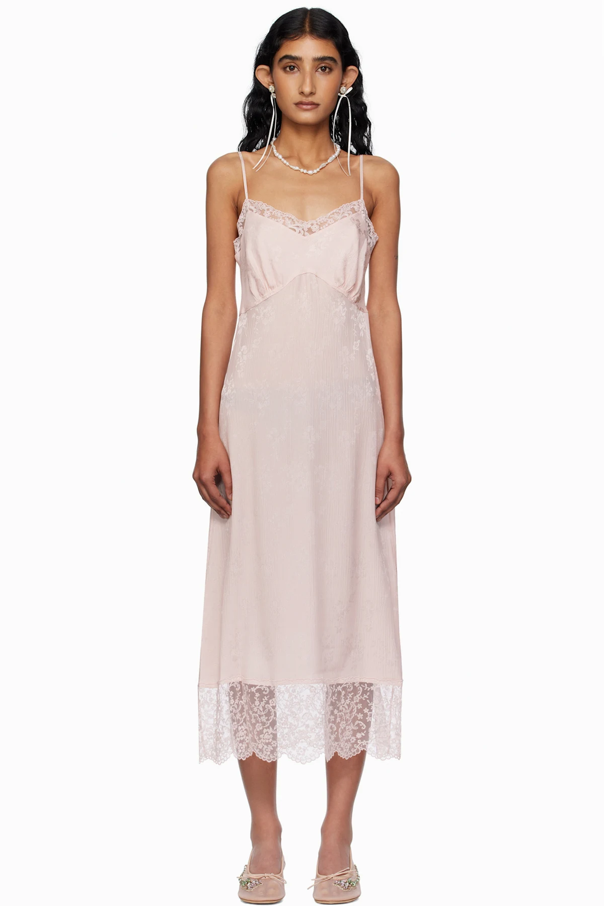 Pink Deep Lace Trim Slip Midi Dress