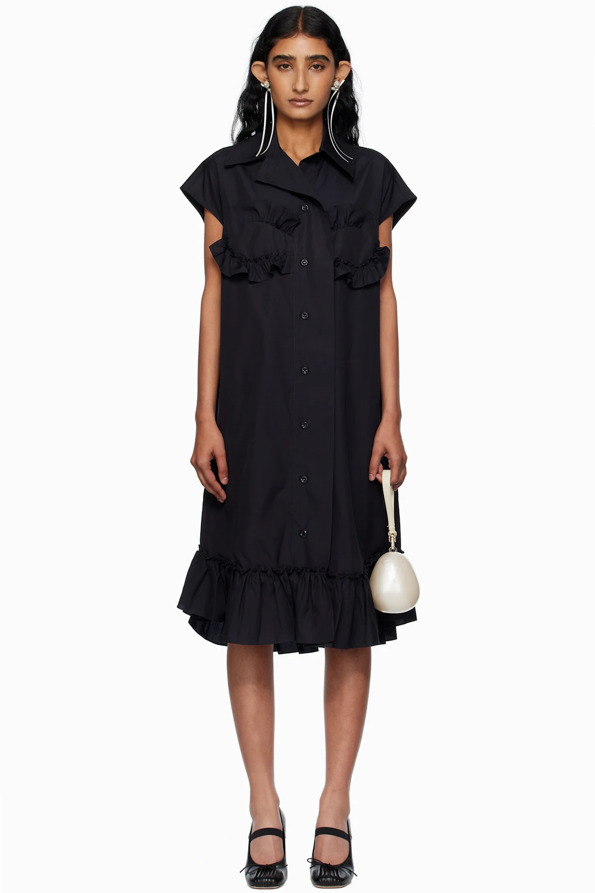 Black Sleeveless Ruffle Bust Detail Midi Dress