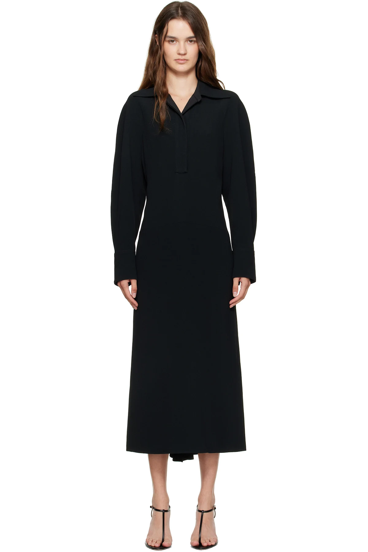 Black Long Sleeve Polo Midi Dress