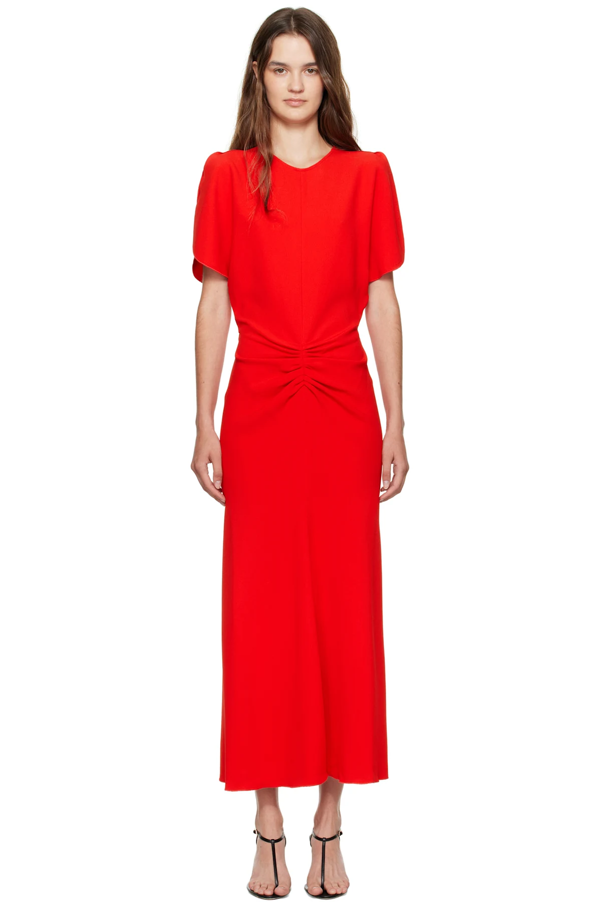 Red Gathered Waist Midi Dress