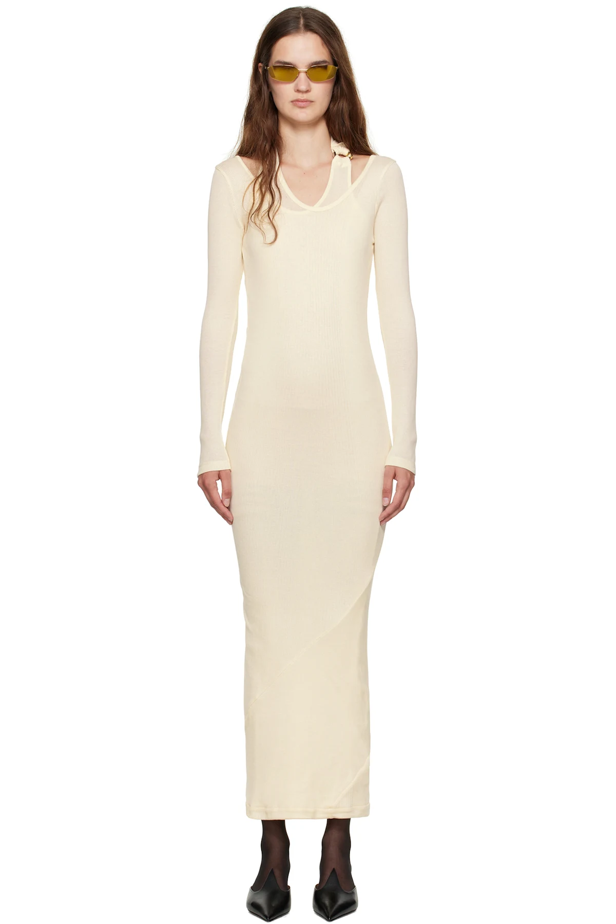 Off-White Ribbed Twisted Double Layer Piercing Midi Dress