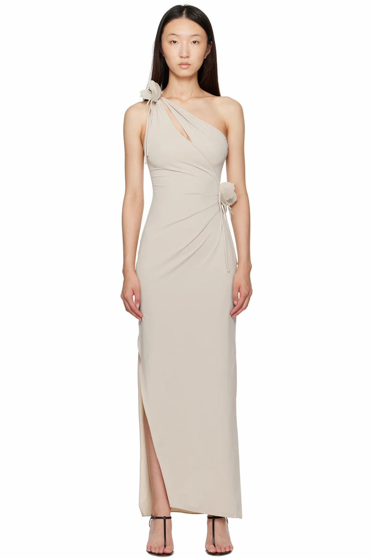 Beige Asymmetric Flower Maxi Dress