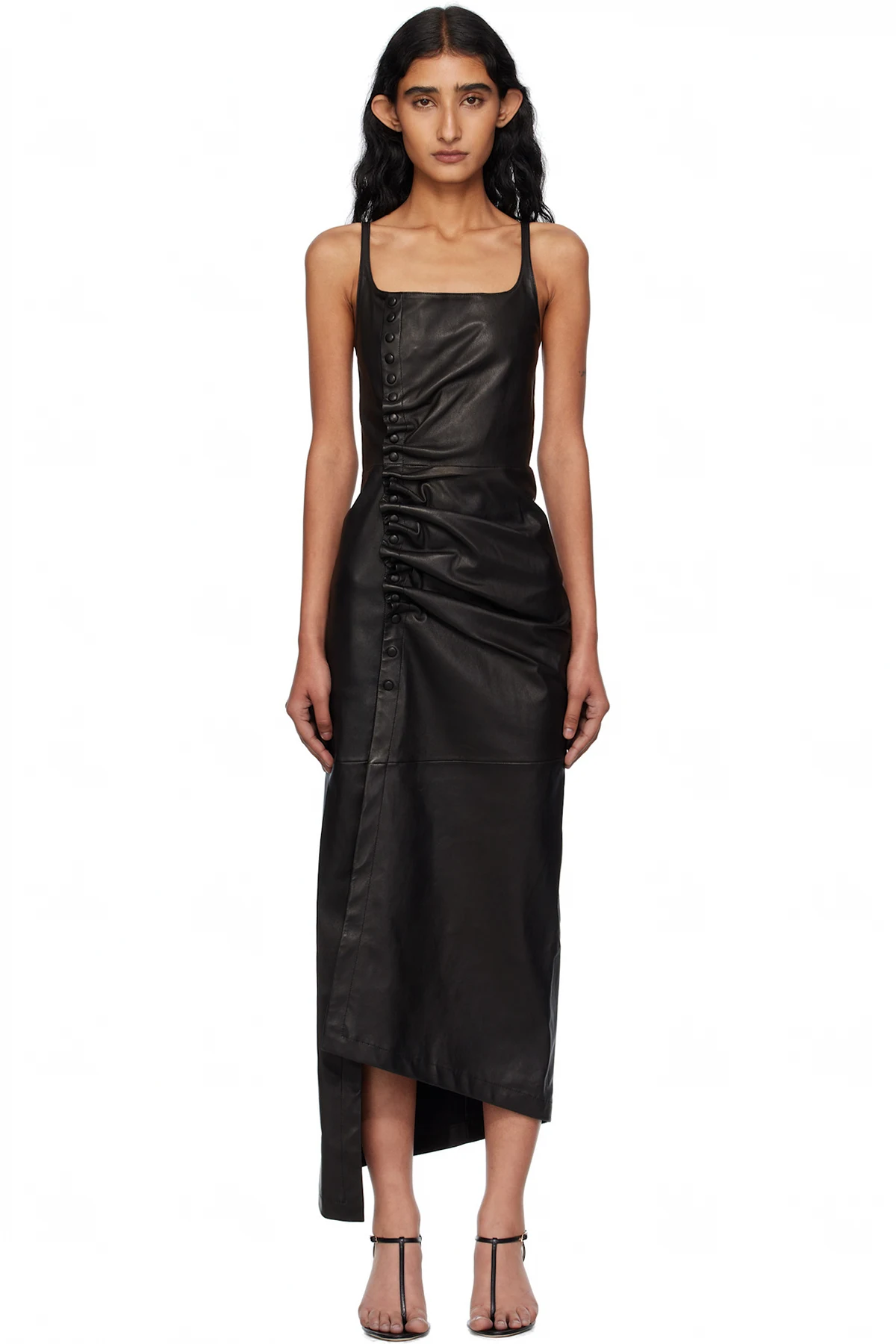 Black Draped Leather Midi Dress