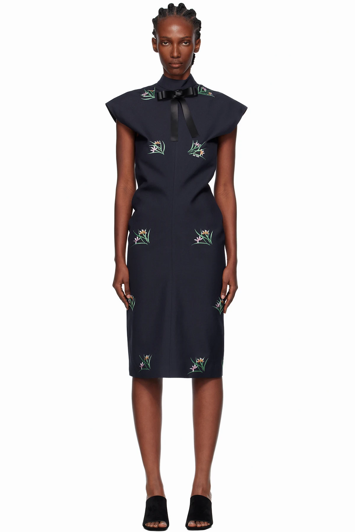 Navy Embroidery Bias Cut Midi Dress
