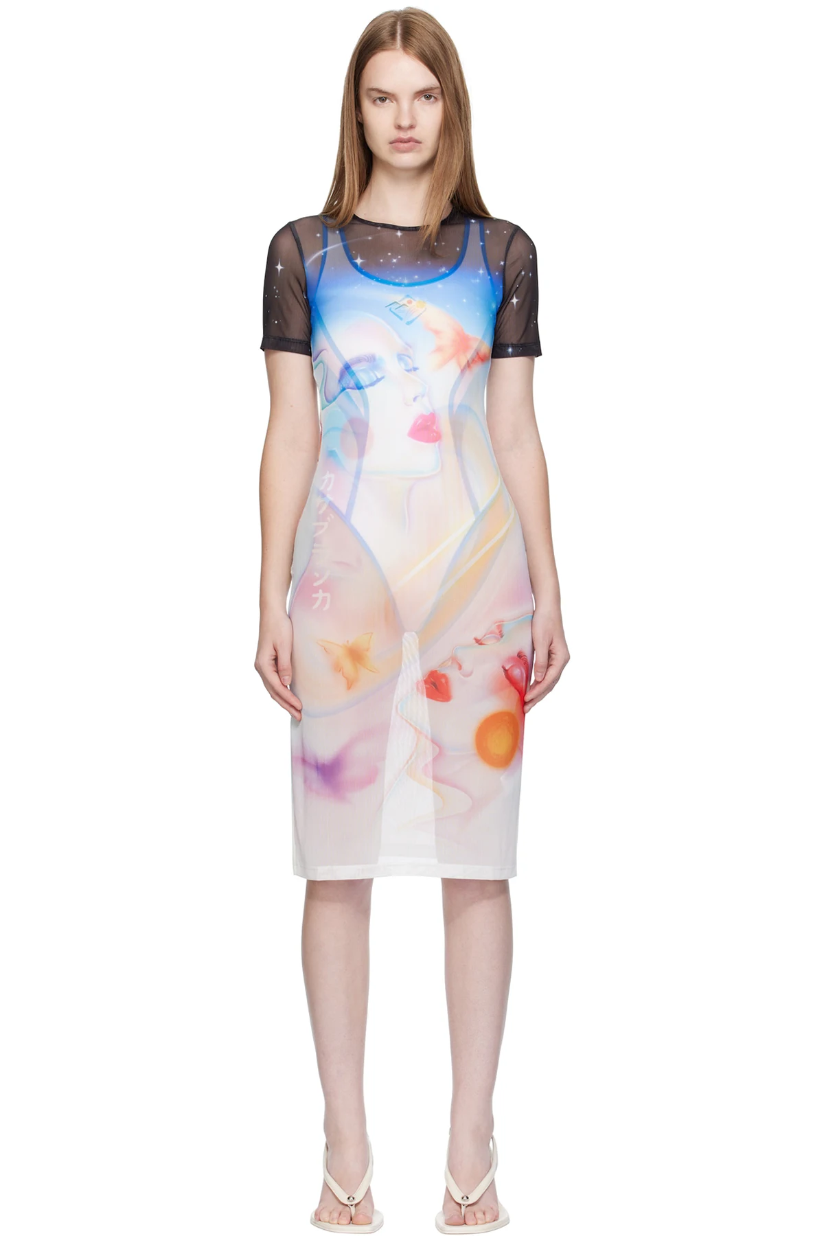 Multicolor Printed Mesh Midi Dress