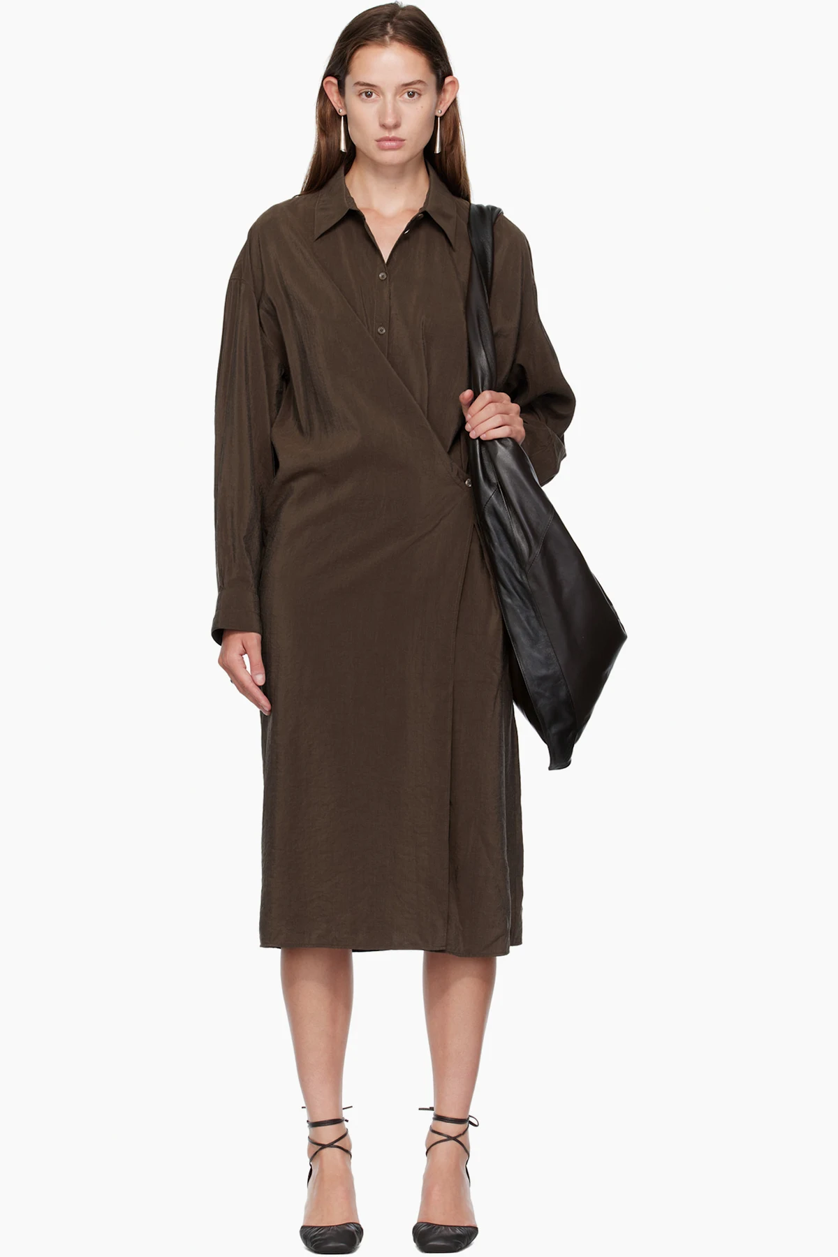 Brown Straight Collar Twisted Midi Dress