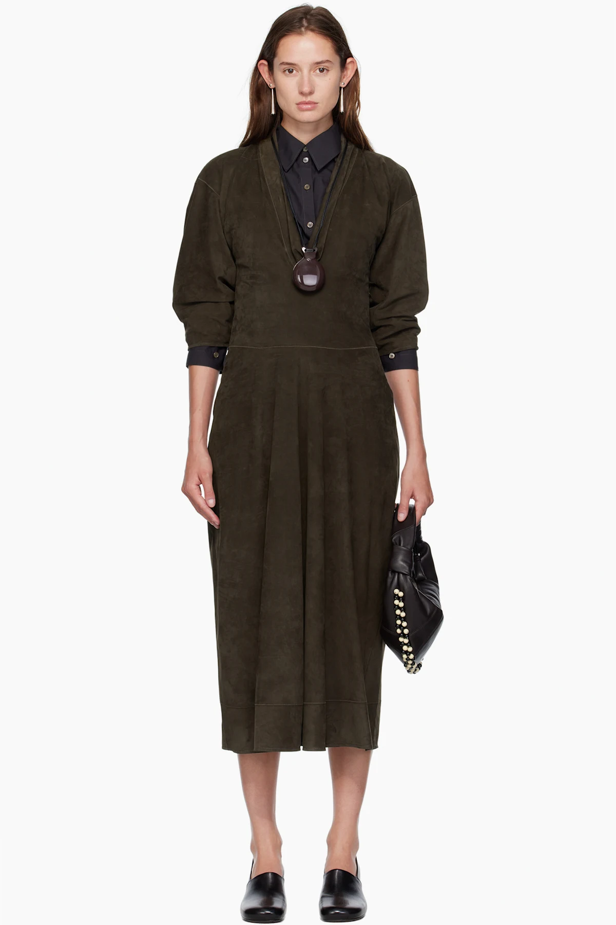 Khaki V-neck Nubuck Midi Dress