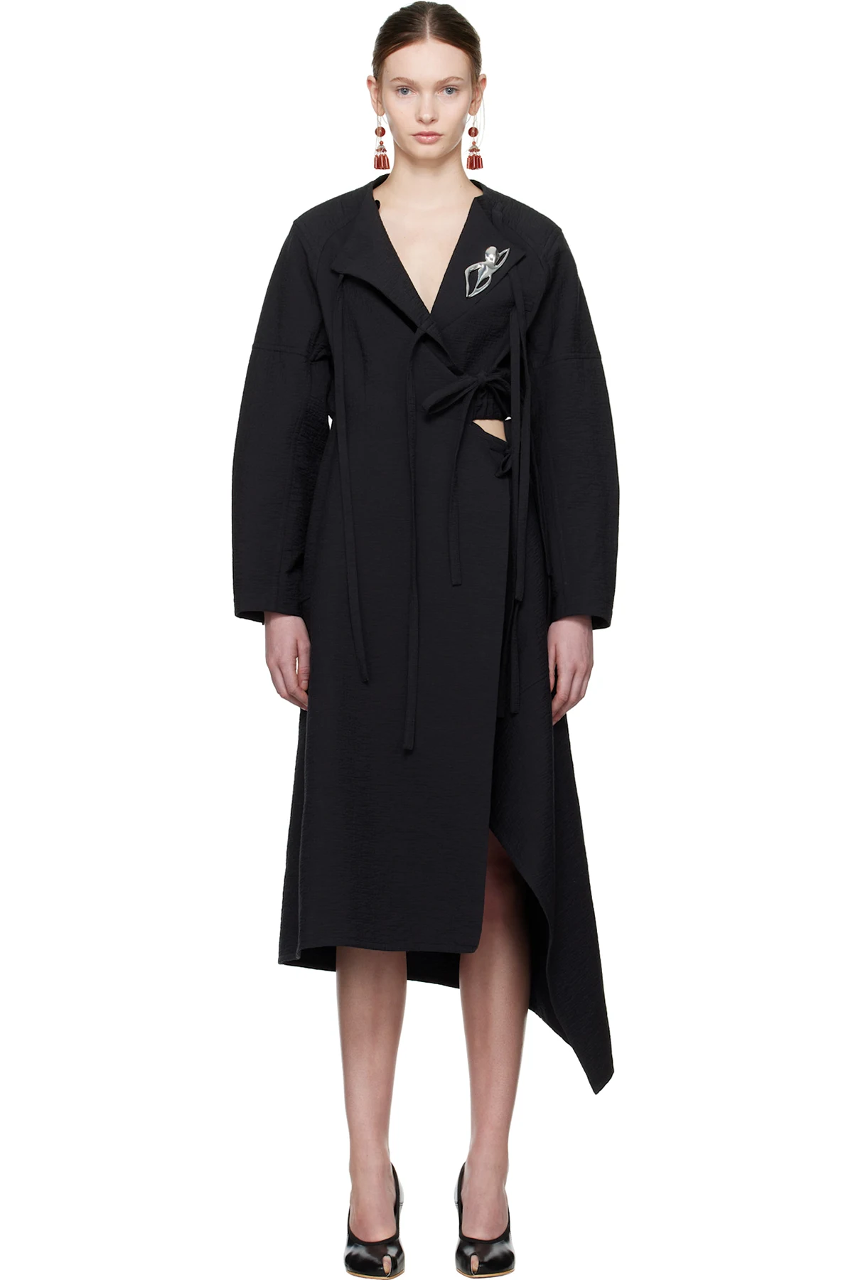 Black Cotton Wrap Midi Dress