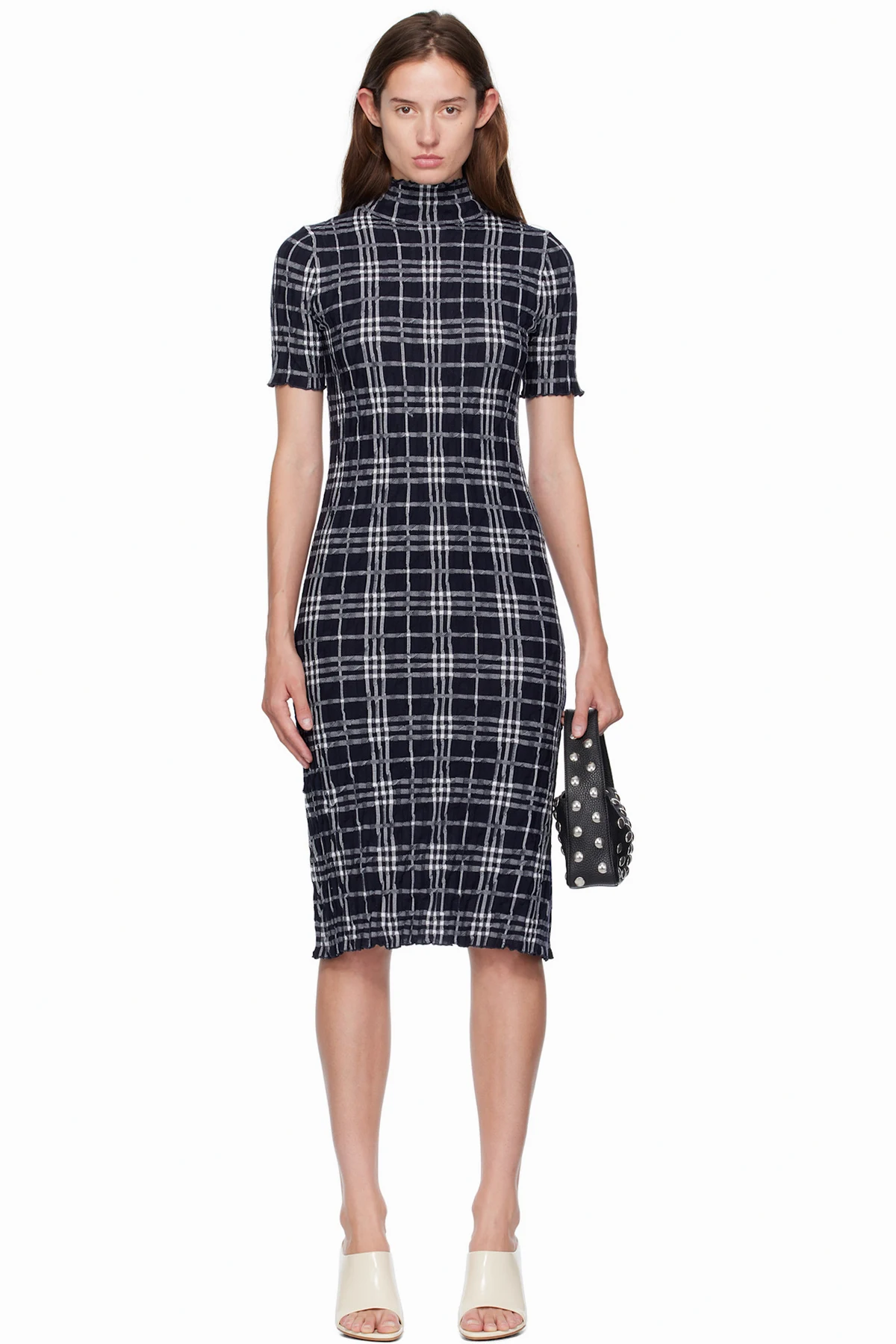 Navy & White Check Wool Blend Midi Dress