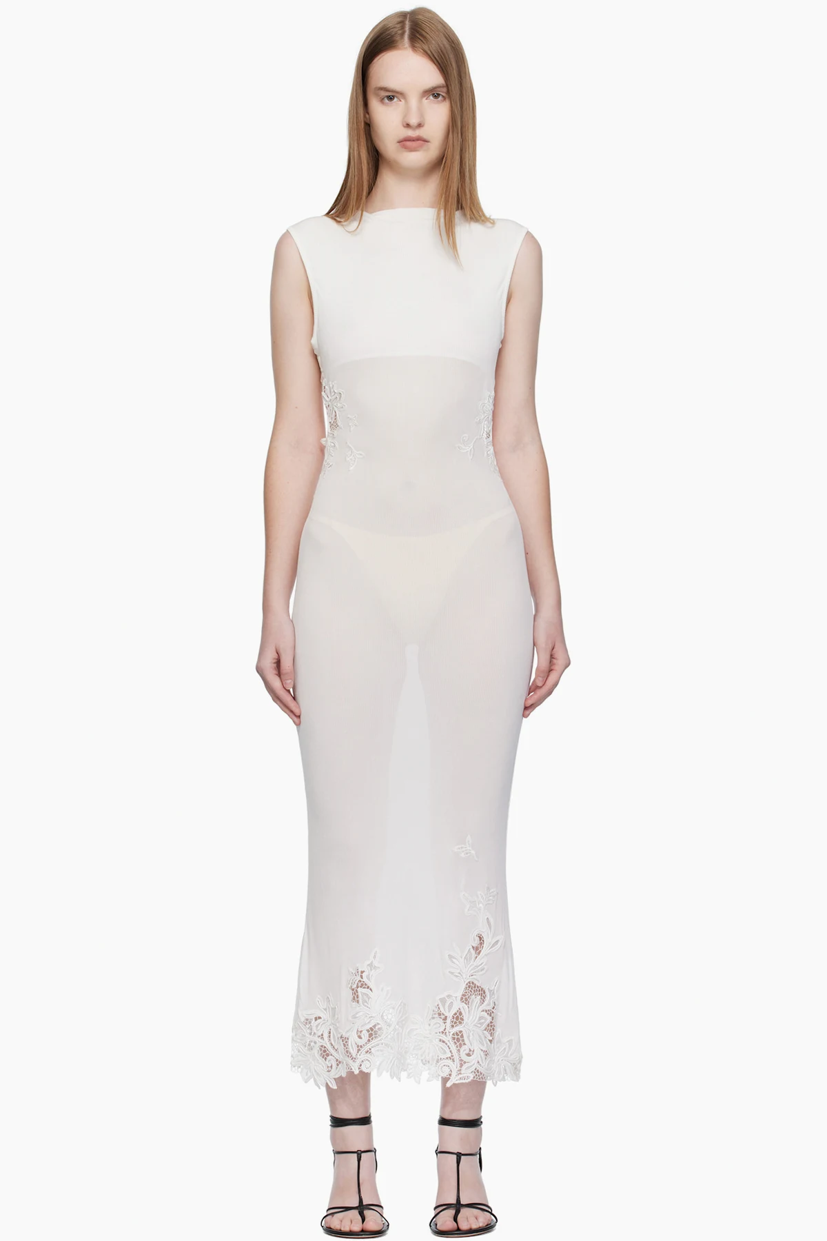 White Hibiscus Embroidered Rib Midi Dress