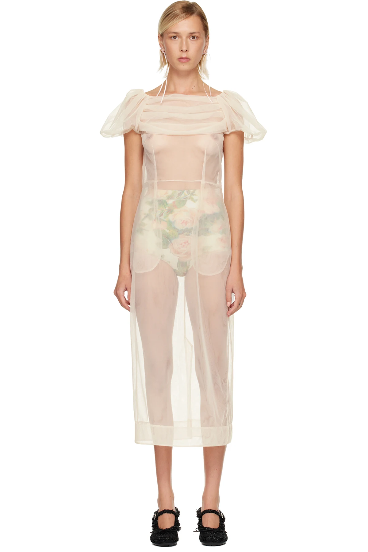 Beige Sheer Sculpted Gathered Bust Midi Dress