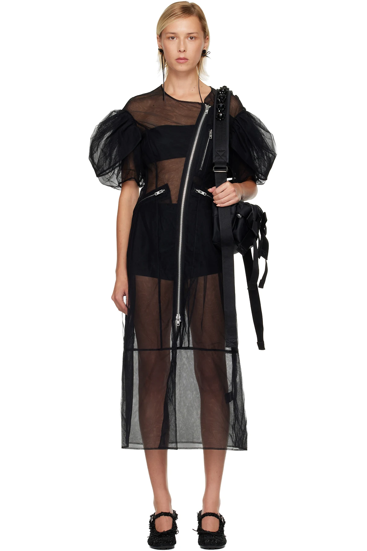 Black Sheer Sculpted Petal Sleeve Biker Midi Dress
