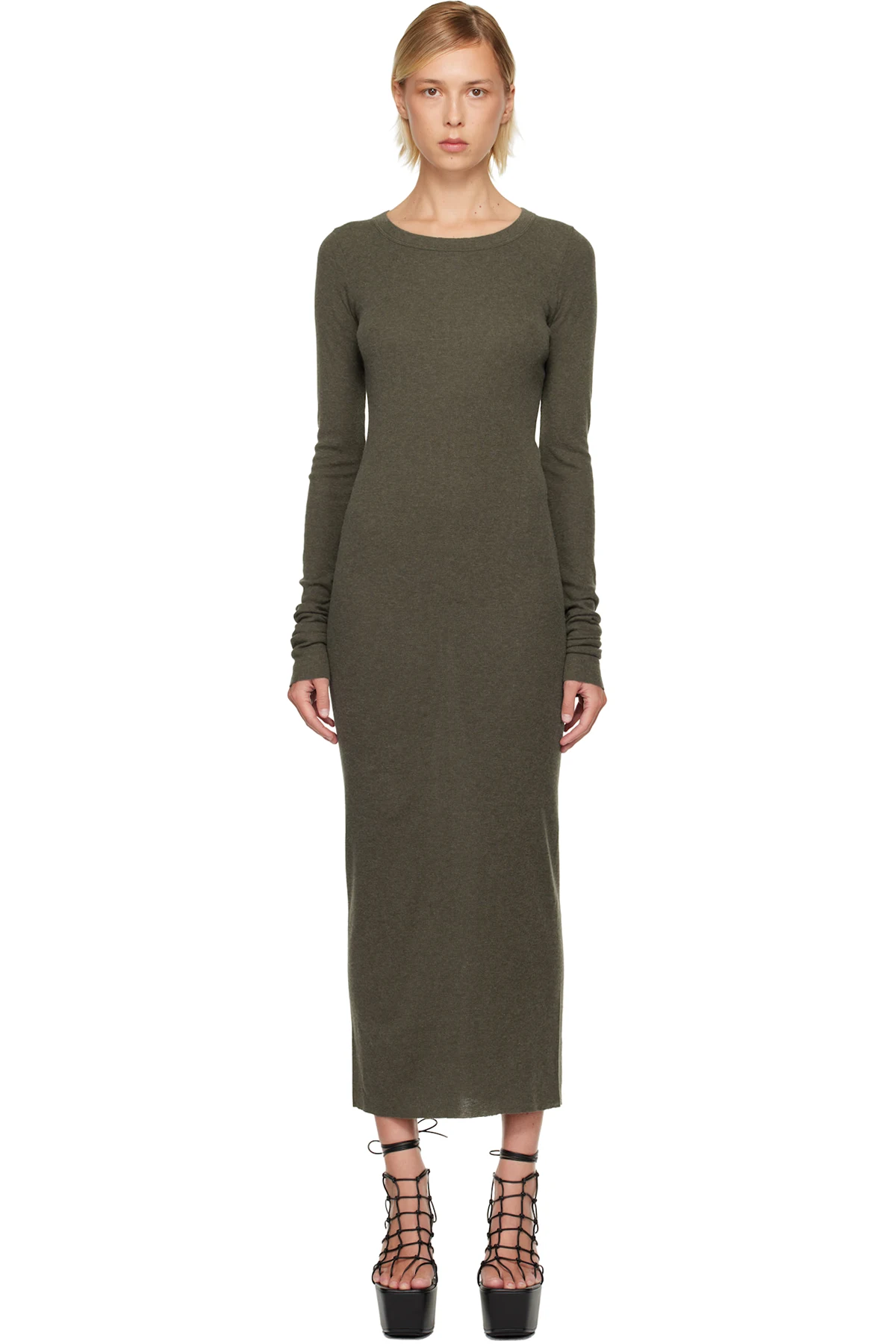 Khaki Concordians Rib LS Midi Dress