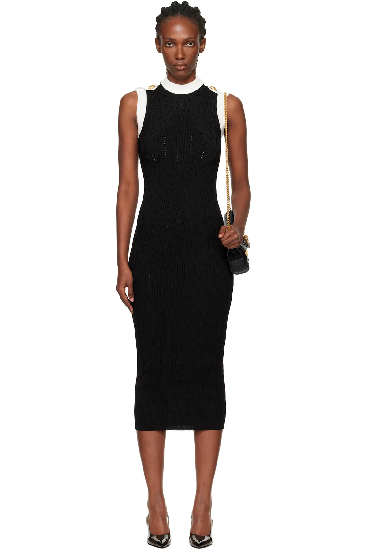Black Two-Tone Cable-Knit Midi Dress