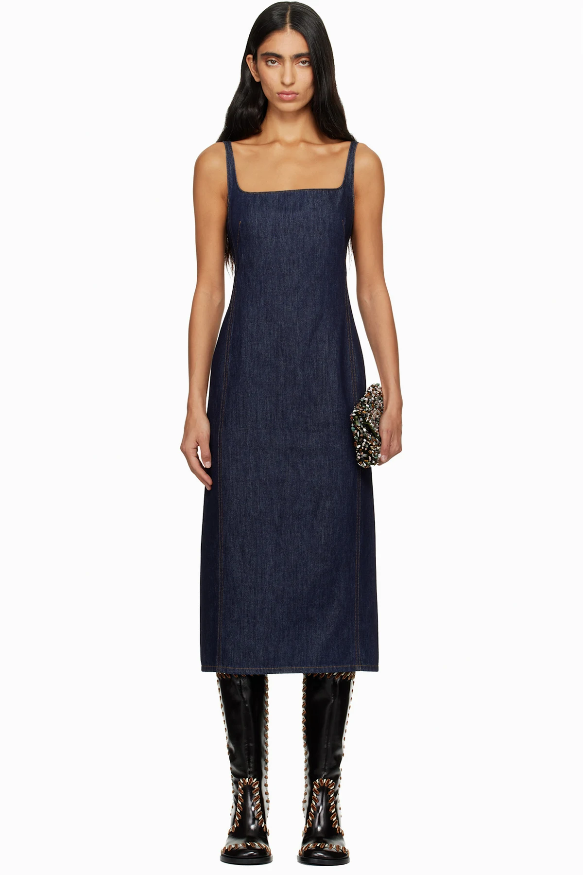 Blue Fitted Denim Midi Dress