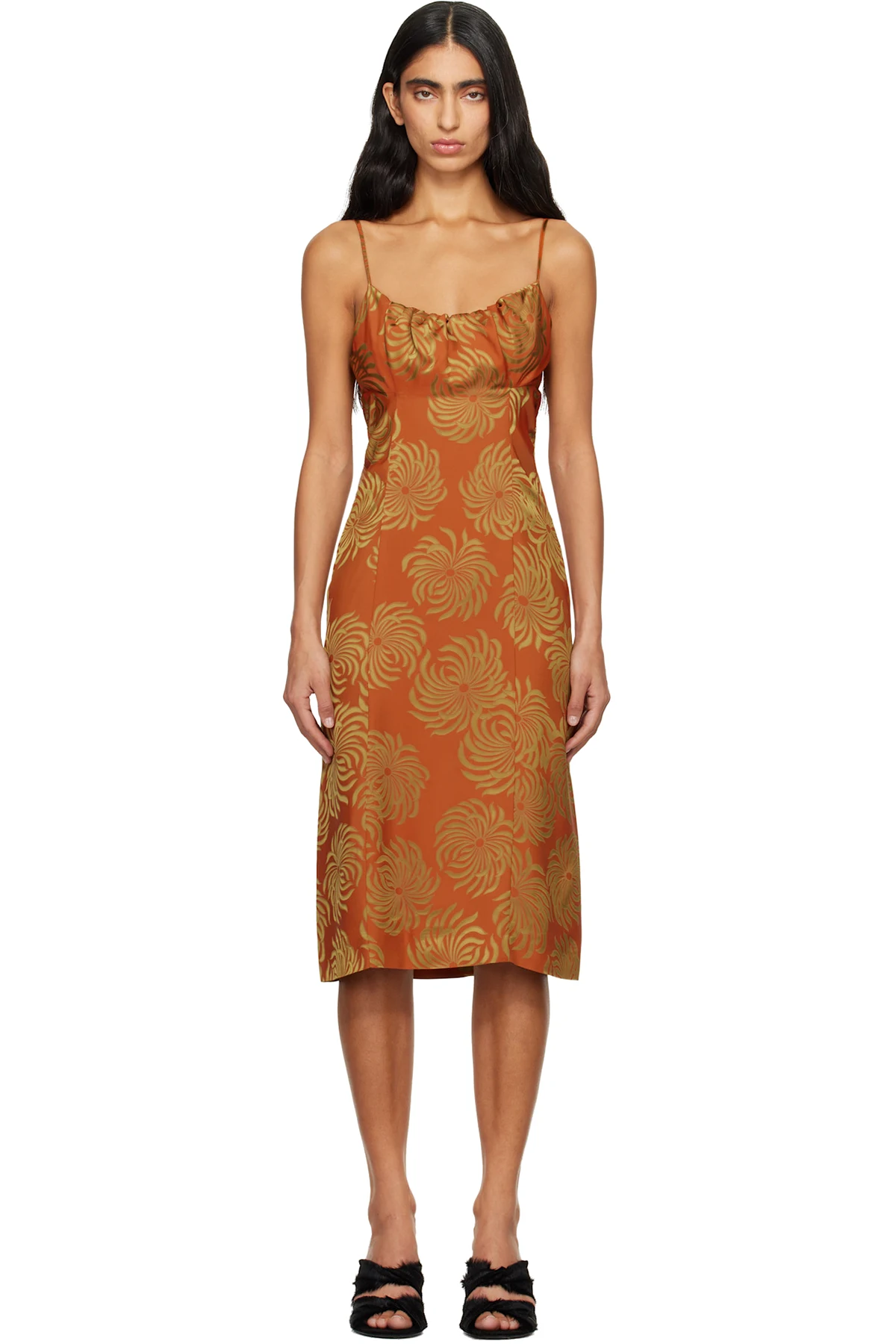 Orange Jacquard Slip Midi Dress