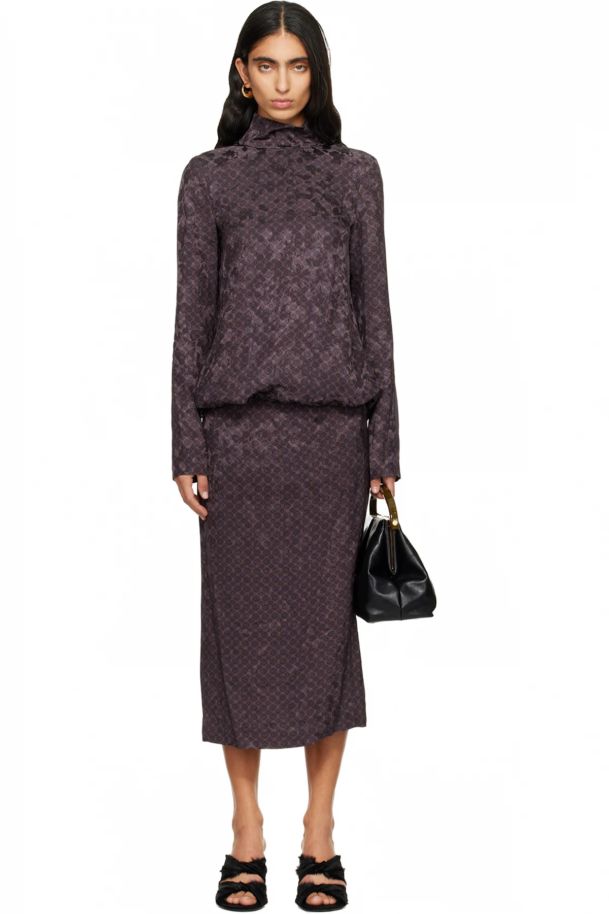 Brown Gathered Midi Dress