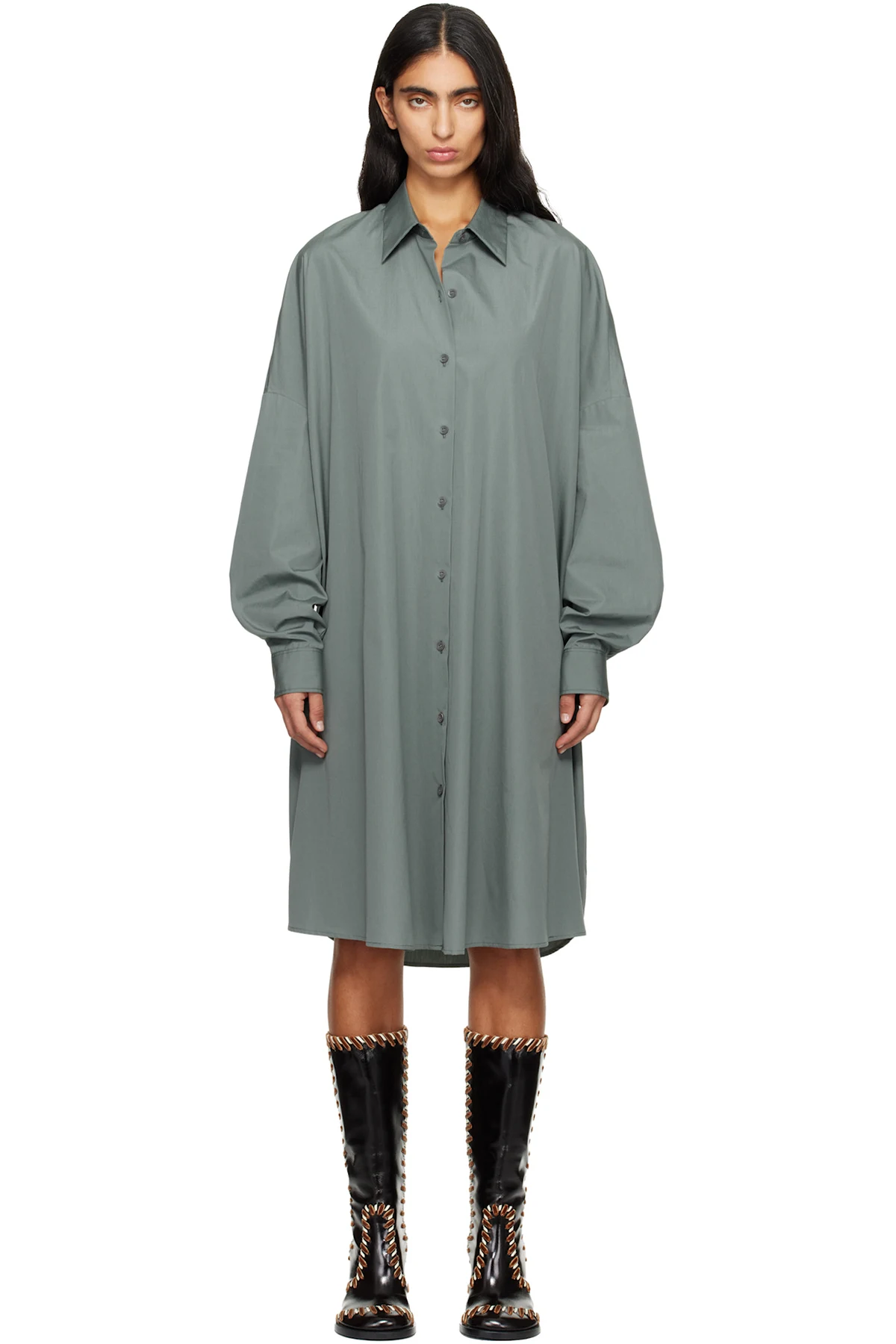 Green Cotton Shirt Midi Dress