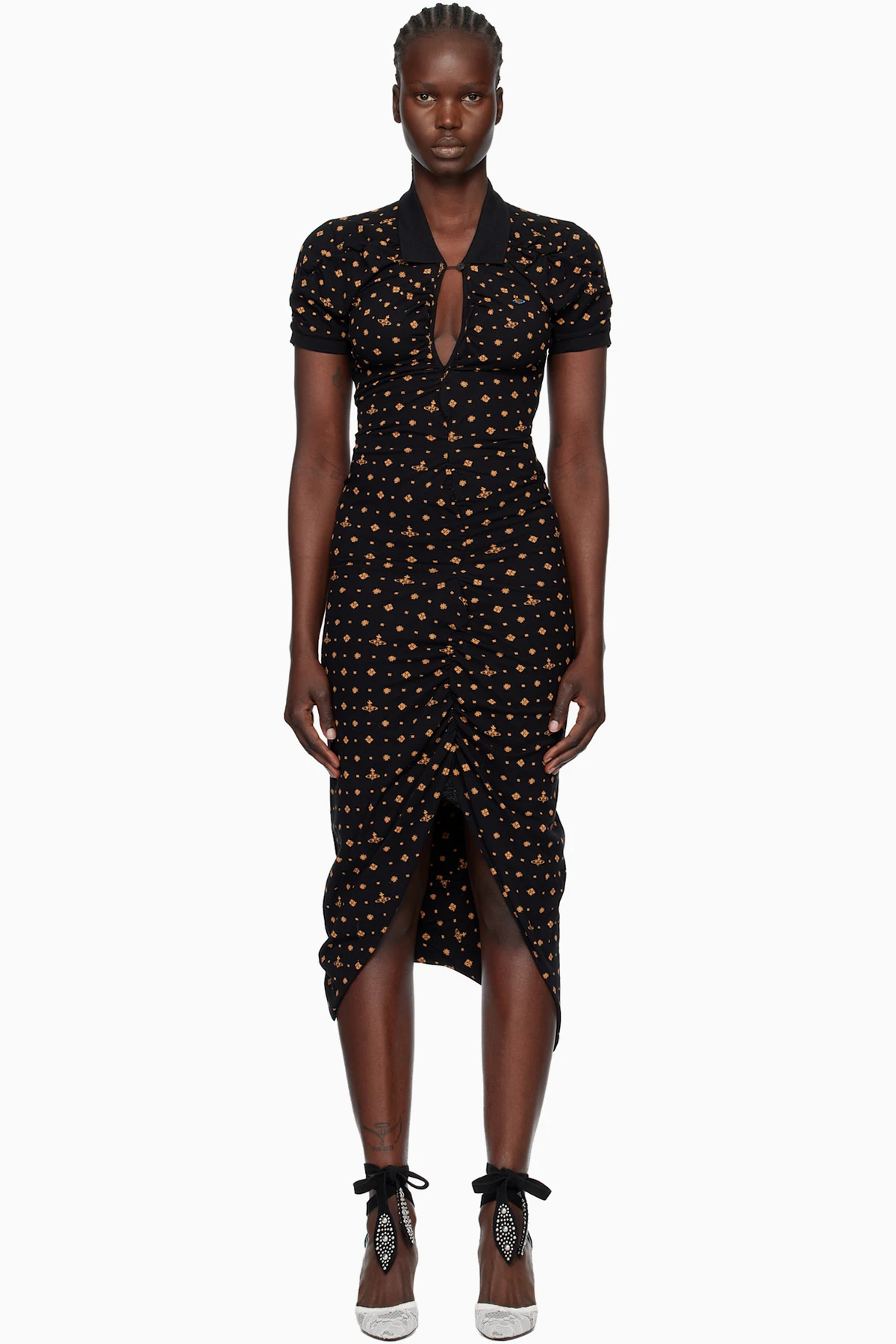 Black Printed Piquet Pulling Midi Dress