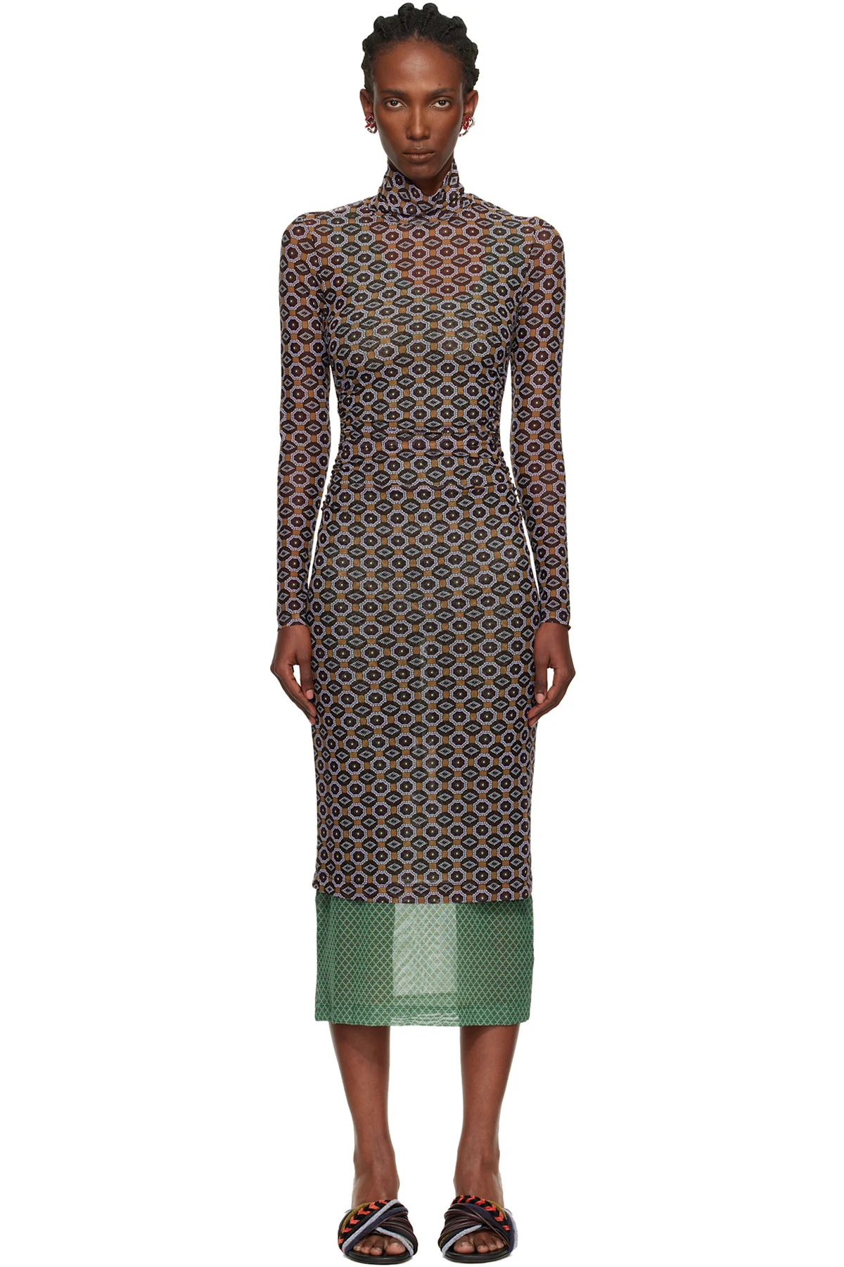 Brown & Green Transparent Mesh Midi Dress