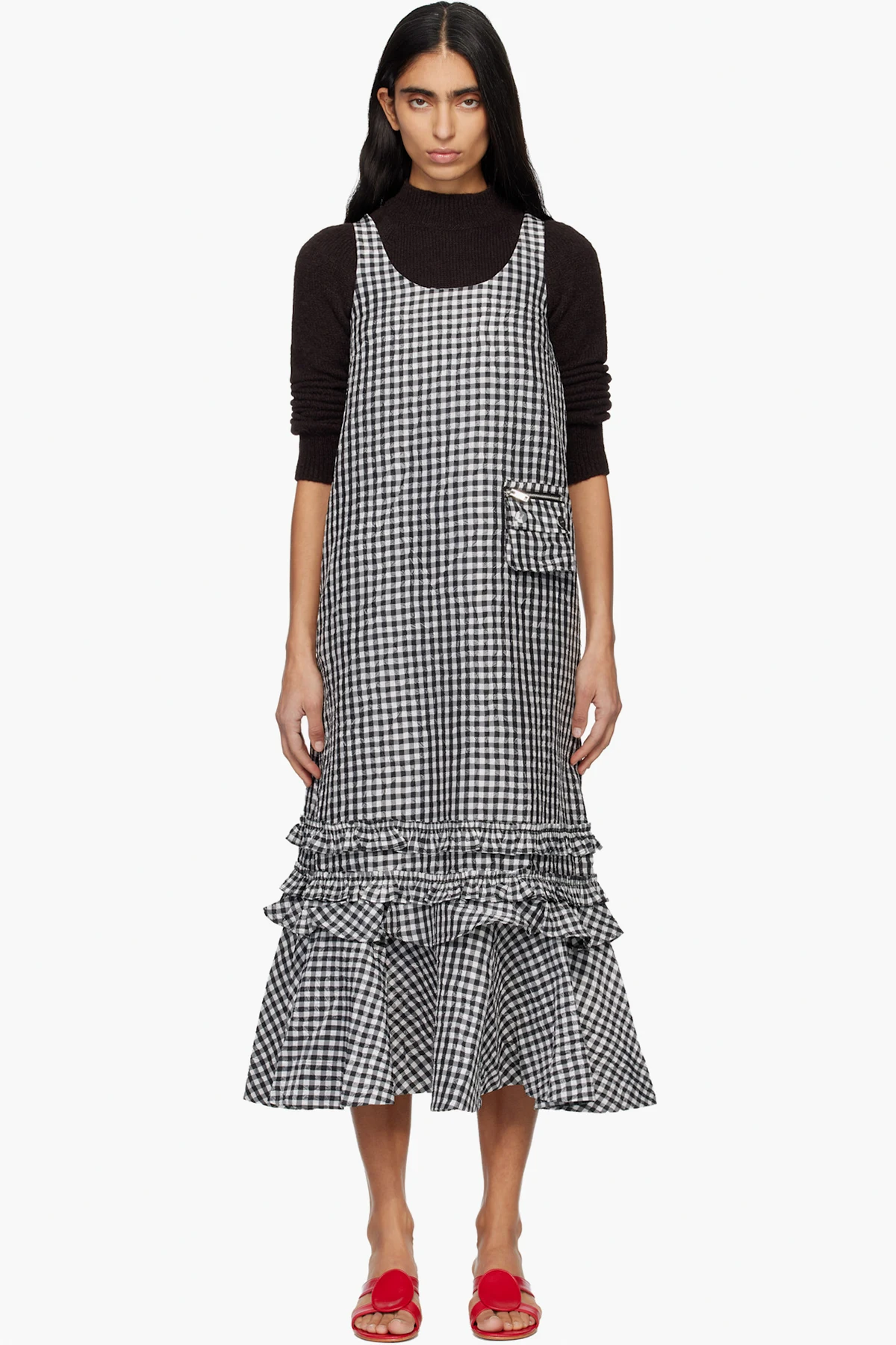 Black & White Crinkled Check Midi Dress