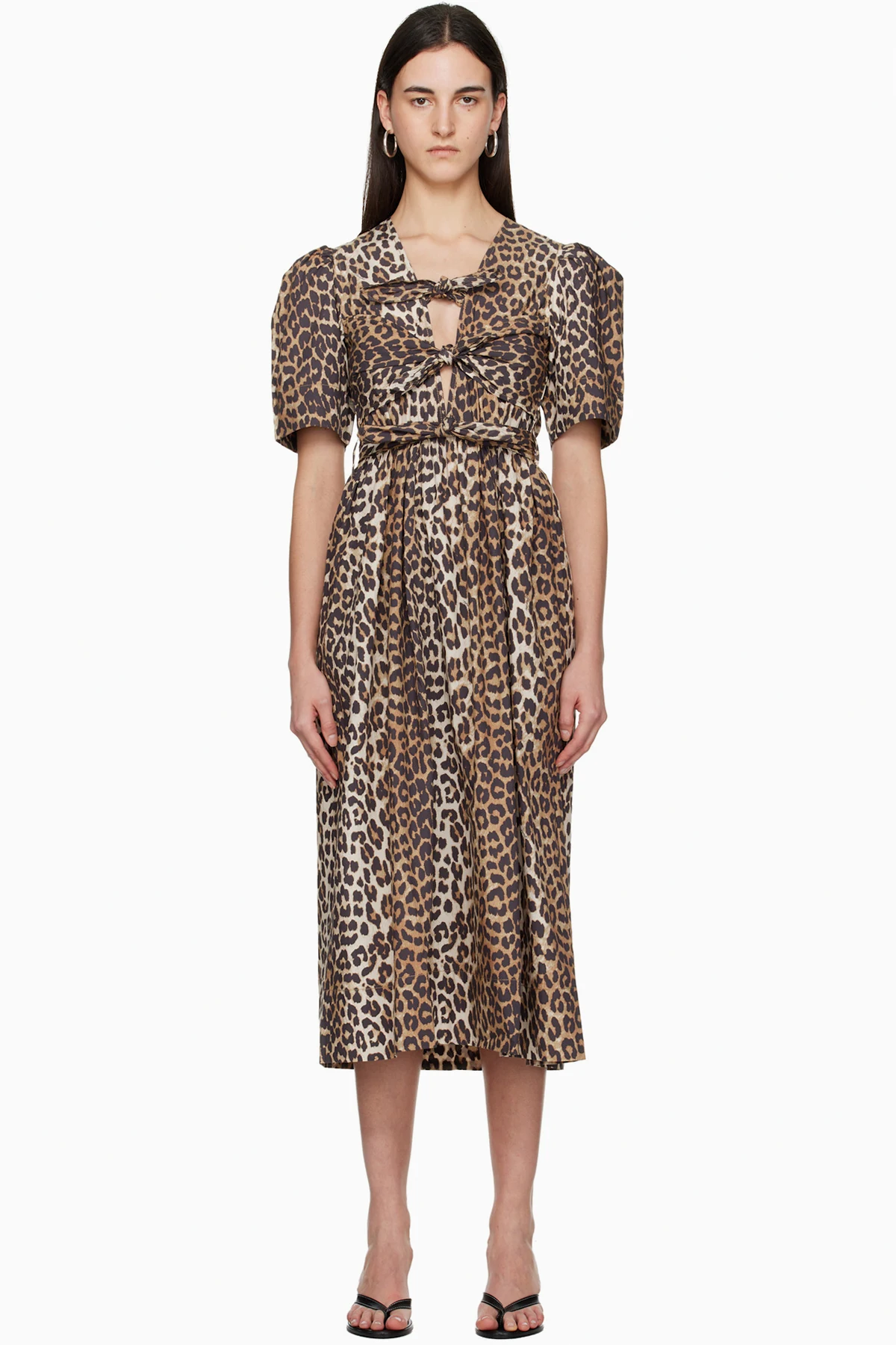 Brown Leopard Printed Cotton Midi Dress