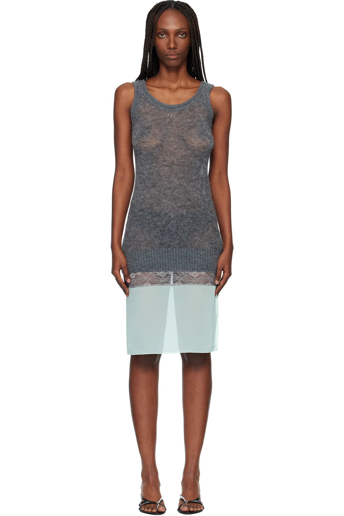 Gray & Green Multi-Layer Knit Slip Midi Dress