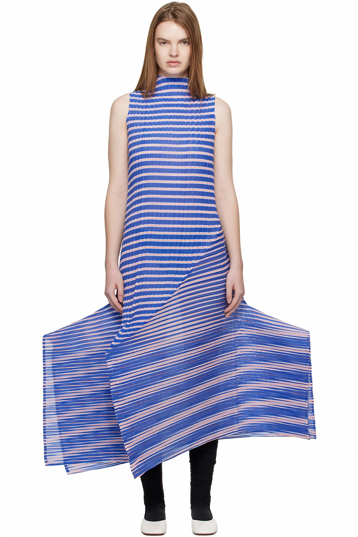 Navy Generic Stripes Machine Pleats Midi Dress