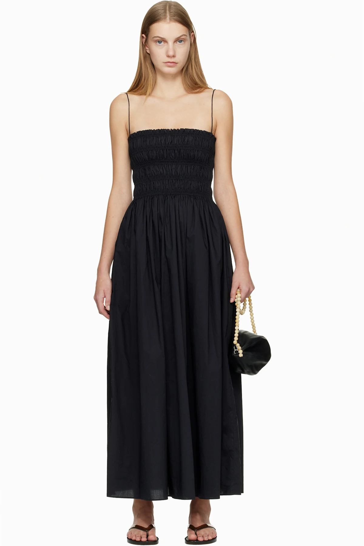 Black Shirred Bodice Midi Dress