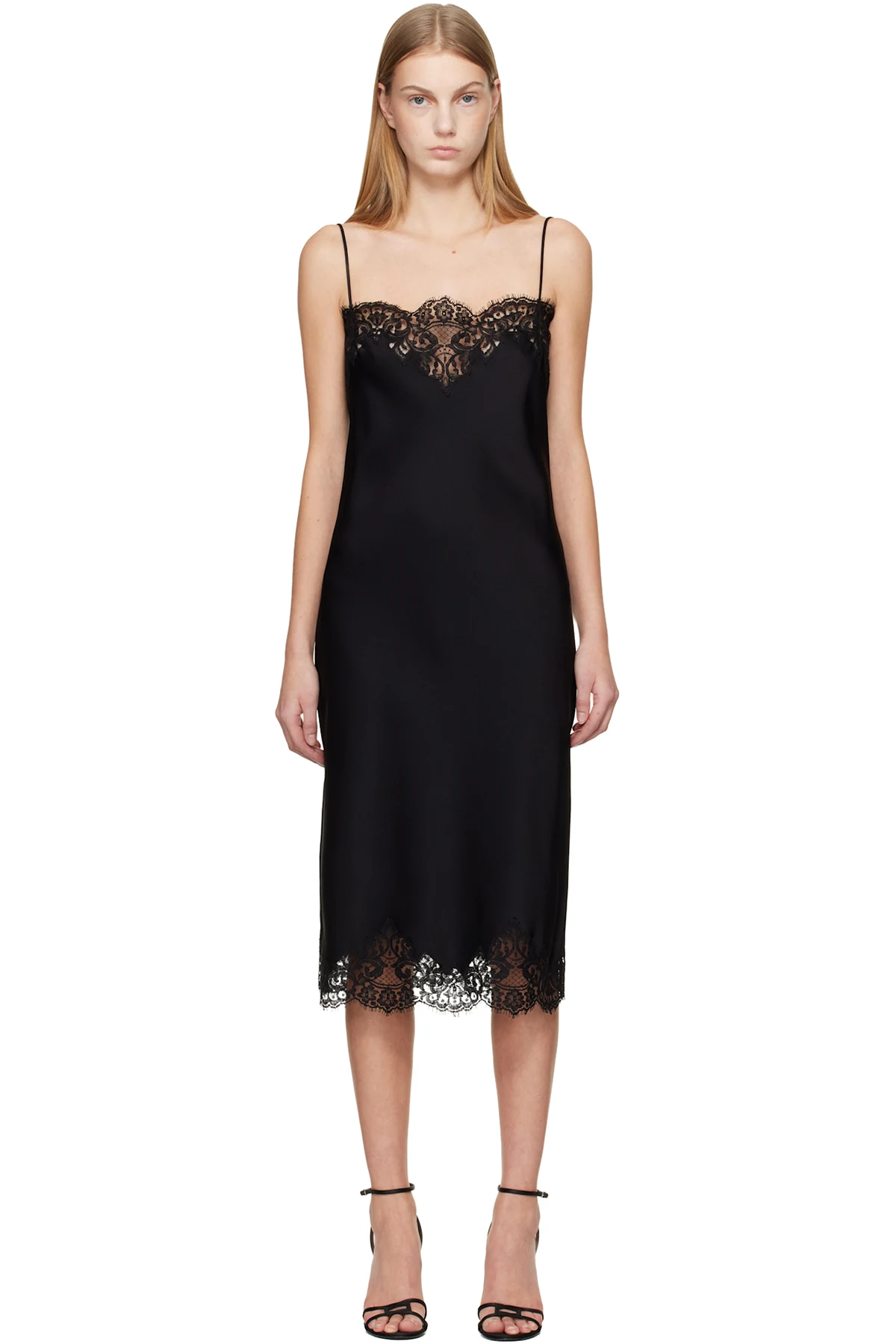Black Sleeveless Lace Satin Midi Dress