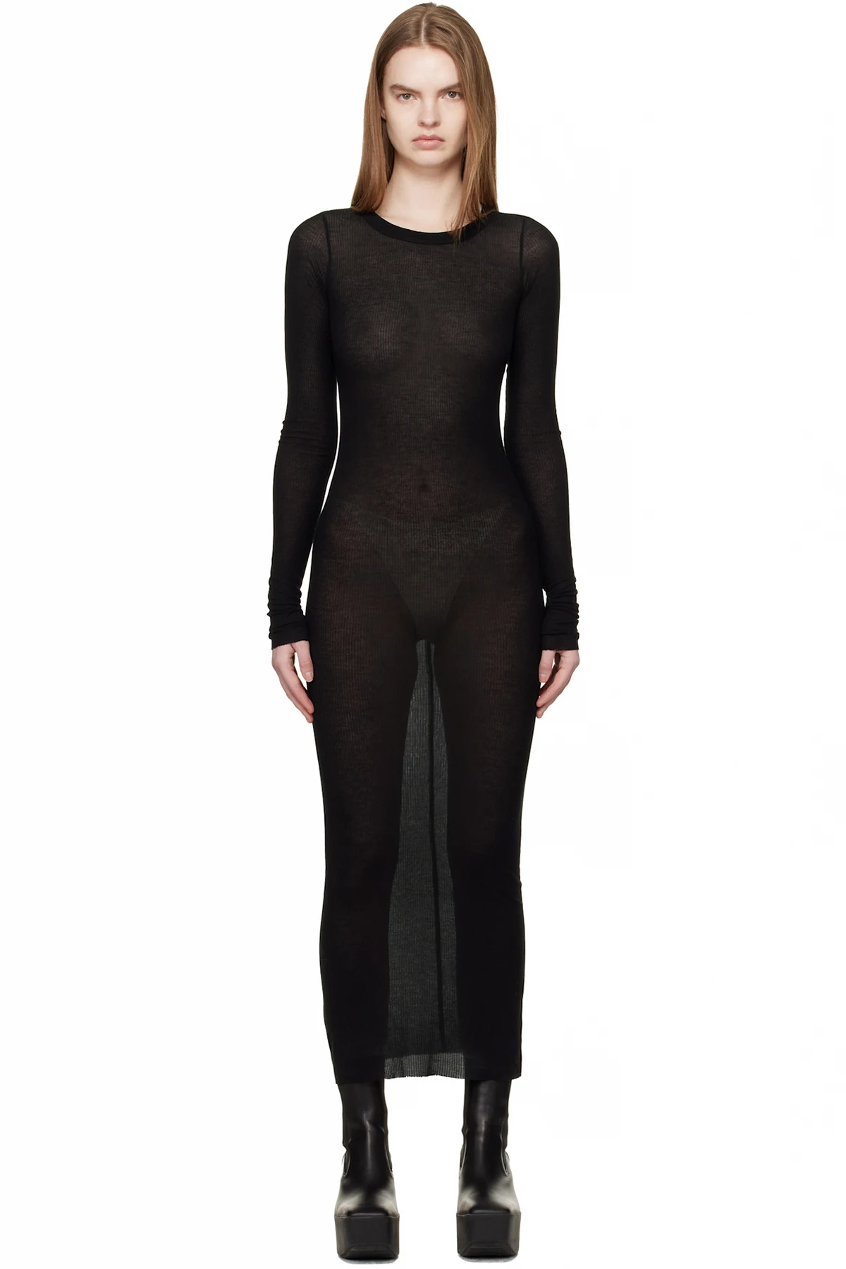 Black Temple Rib LS Midi Dress