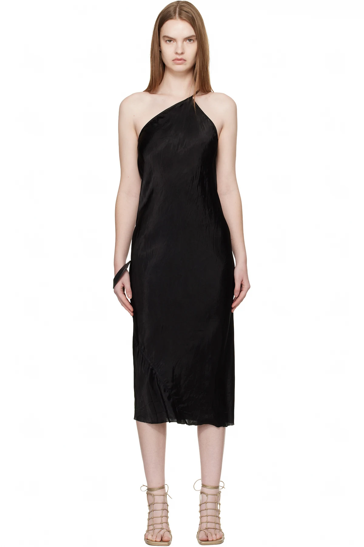 Black Temple One Shoulder Slip Midi Dress