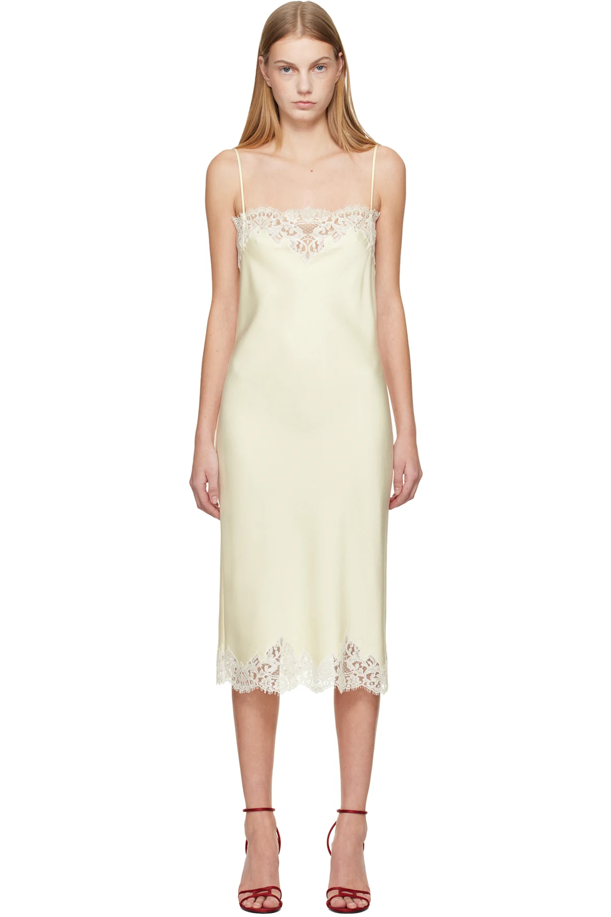 Off-White Sleeveless Lace Satin Midi Dress