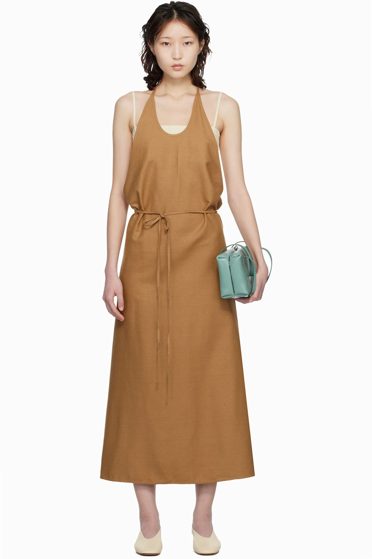 Tan Wild Silk Apron Midi Dress