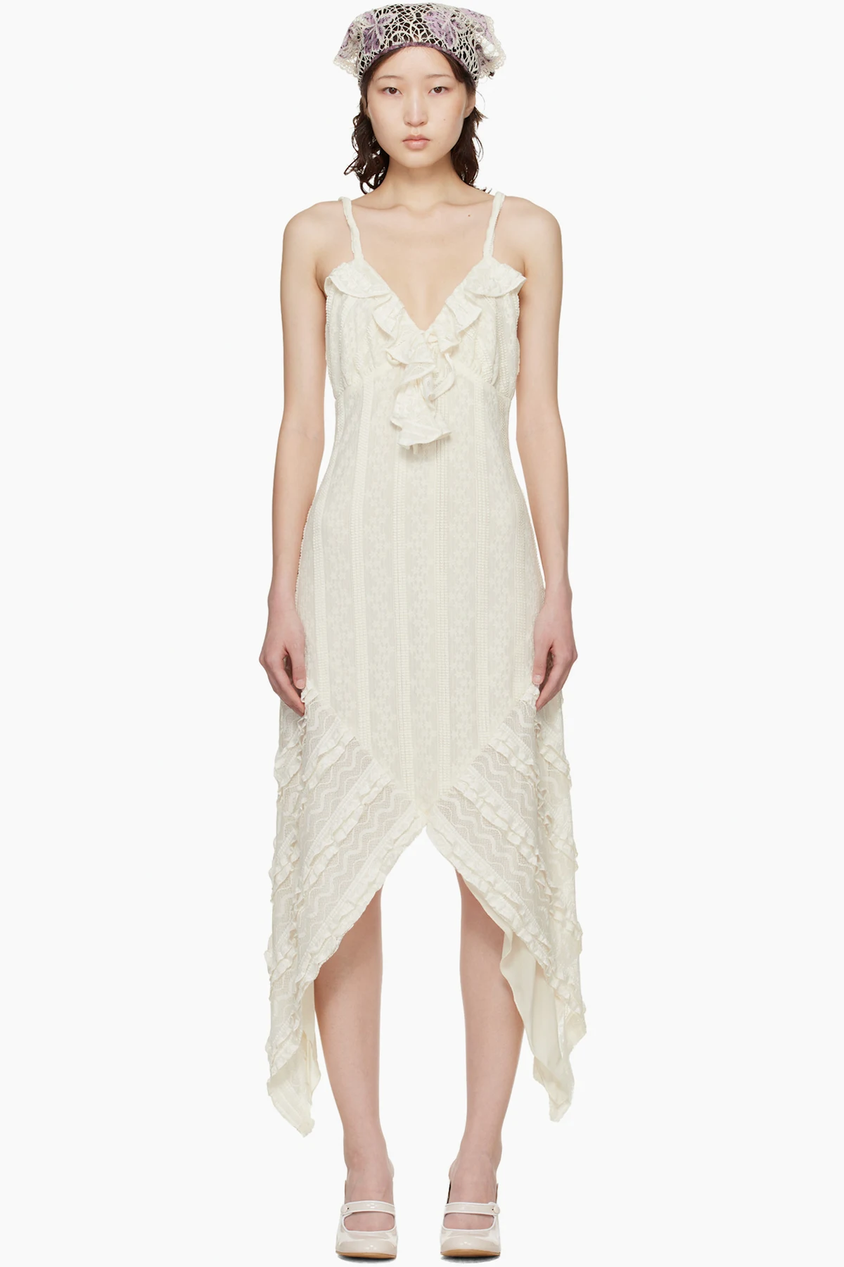 Off-White Floral Ruffle Stretch Lace Handkerchief Midi Dress