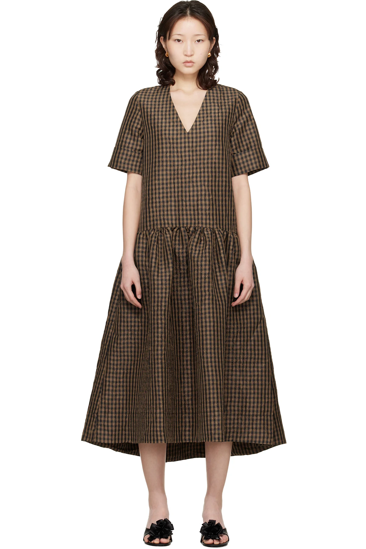 Brown Crinkled Check Maxi Dress