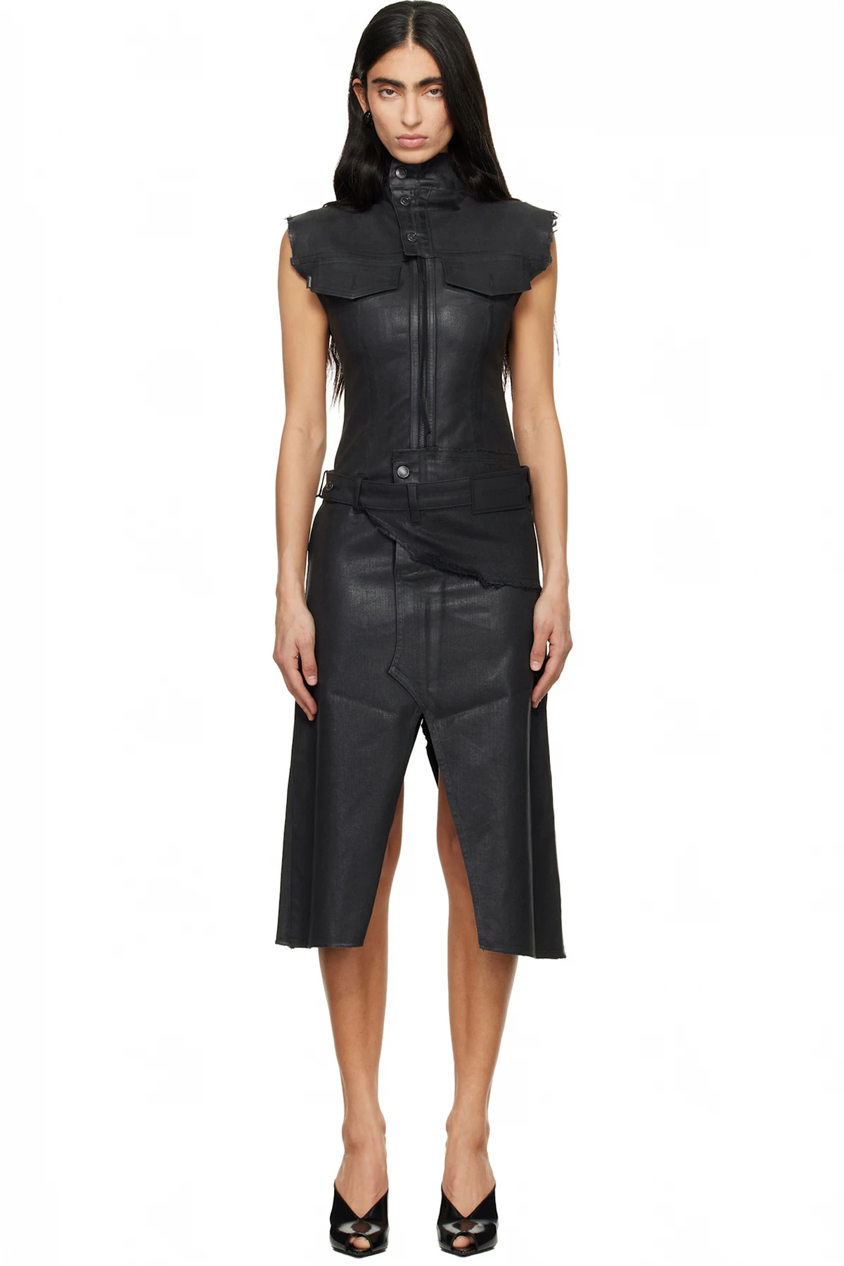 Black Glazed Denim Belted Midi Dress