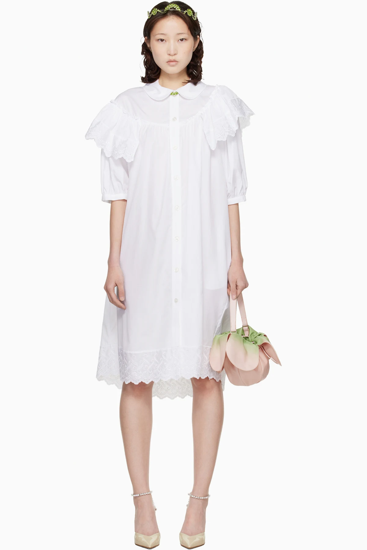 White Puff Sleeve Ruffle Frill Trim Shirt Midi Dress
