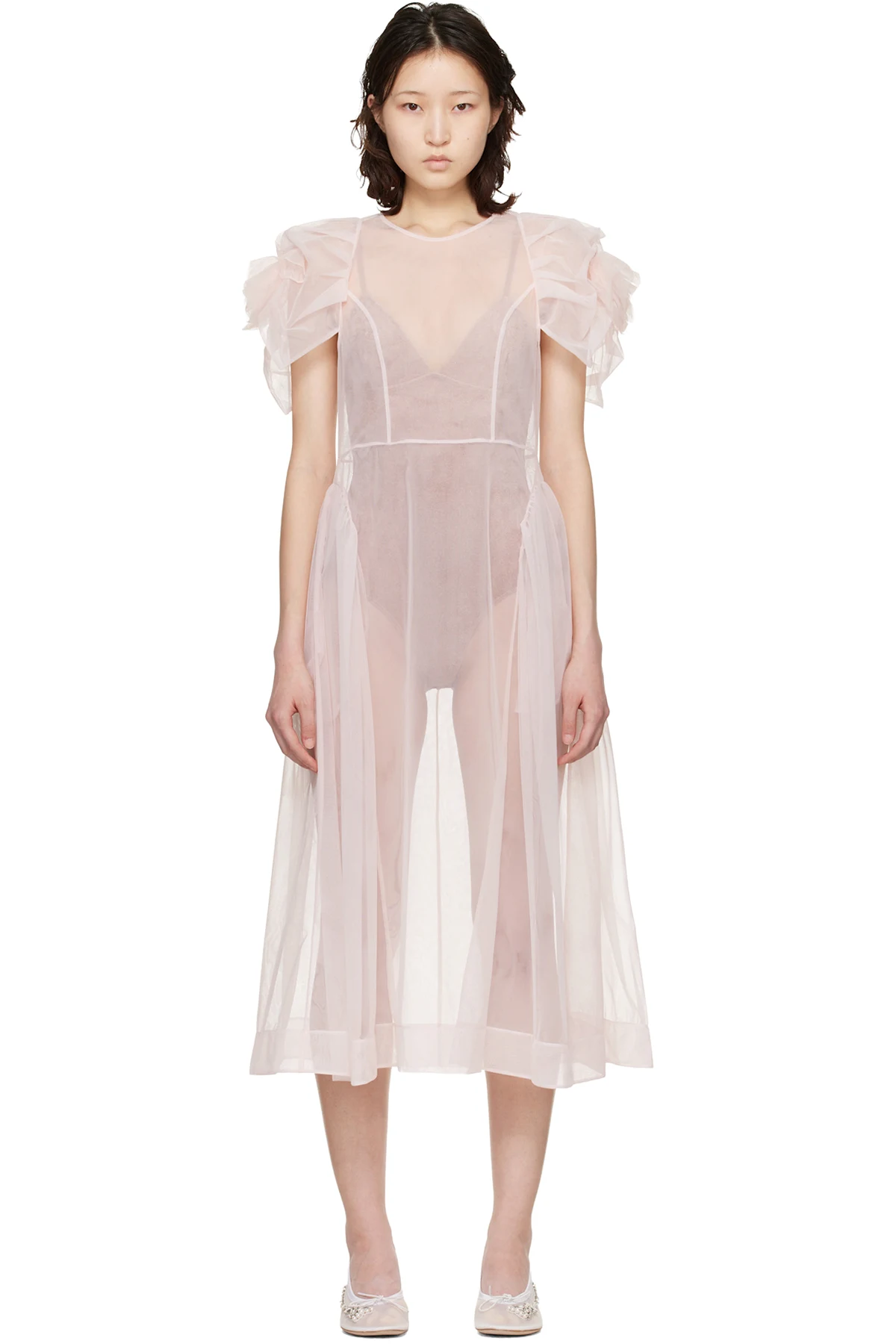 Pink Rose Puff Sleeve Hip Midi Dress