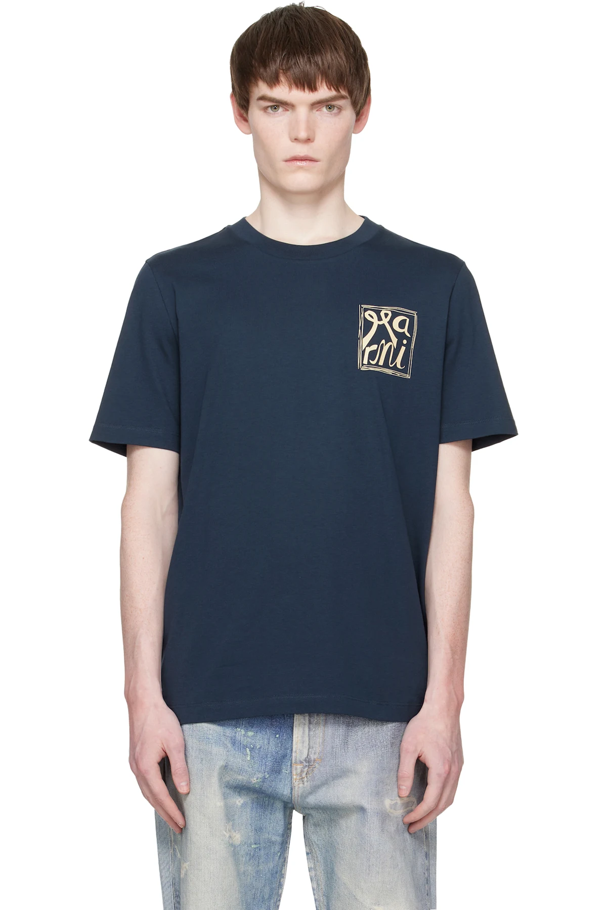 Navy Cotton 'Marni Frame Logo Print' T-shirt