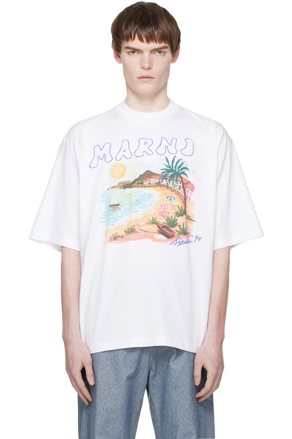 White Cotton 'Marni Beach Postcard Print' T-shirt