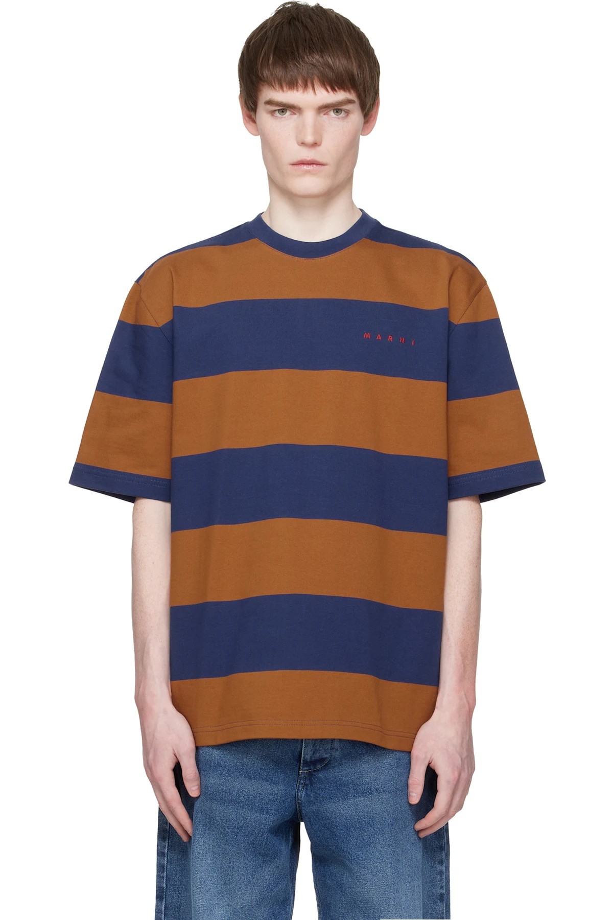 Navy & Tan Maxi-Stripe Cotton T-shirt