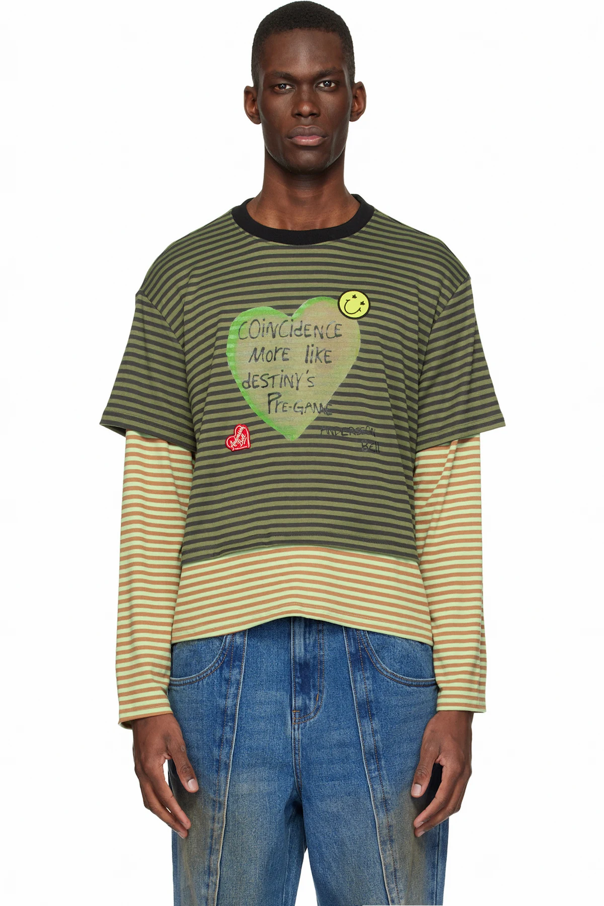 Khaki Essential Heart Message Stripe Layered LS T-shirt