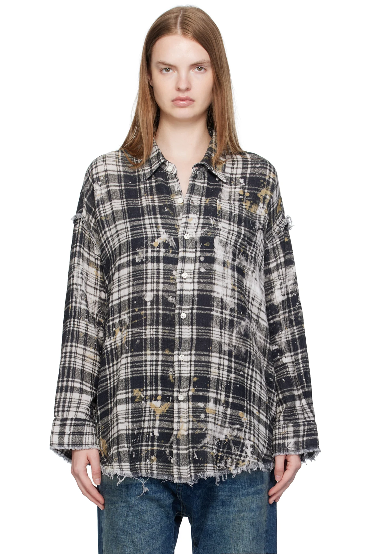 Black & Off-White Shredded Seam Drop Neck Shirt